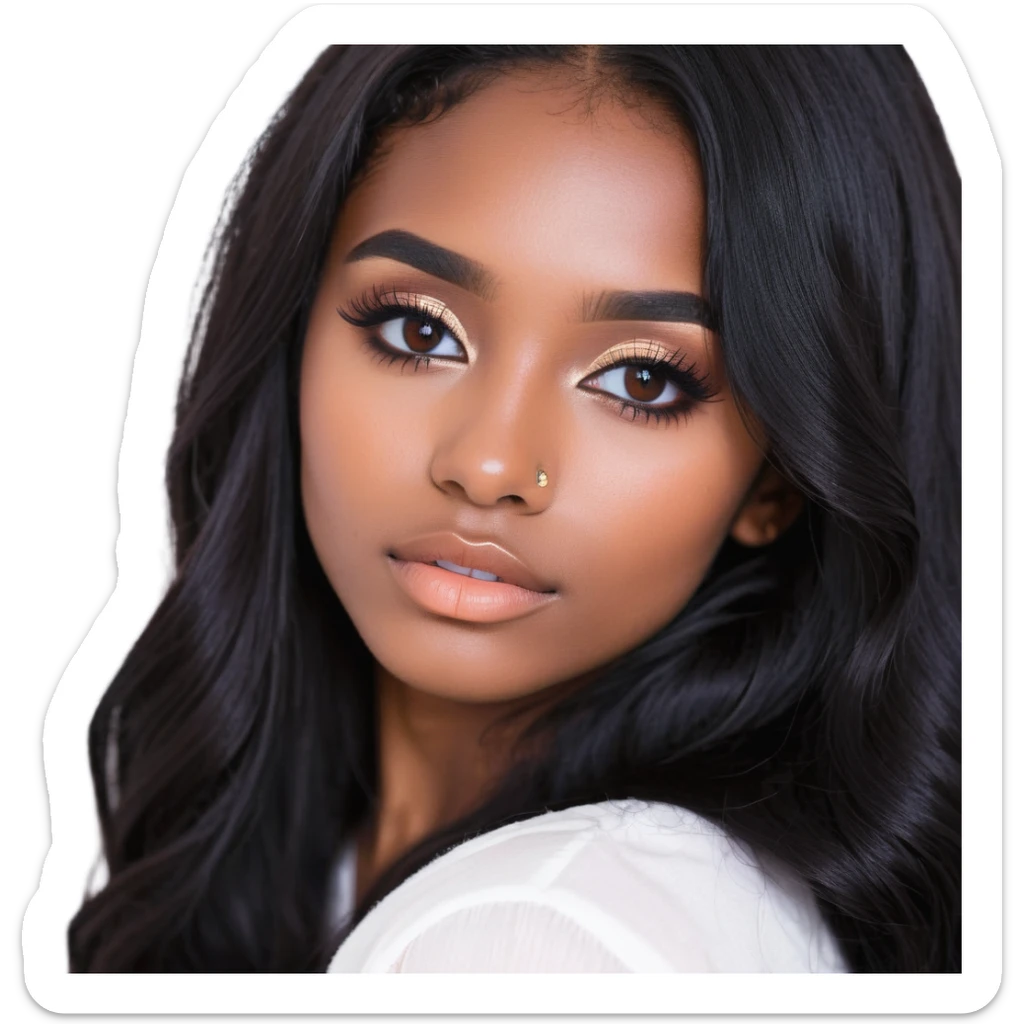 pretty girl with long black hair, button nose, brown eyes, dark skin, pretty makeup and lashes sticker