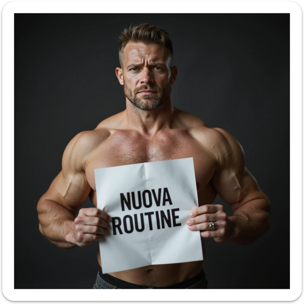 hyperrealistic 4K image of a muscular fitness man with a sad face, holding a sheet with the text 'NUOVA ROUTINE', no background sticker