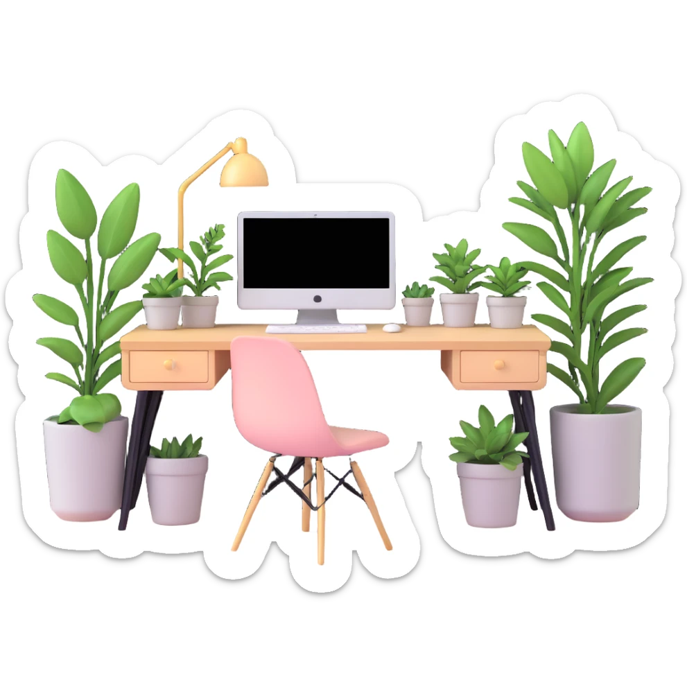 beautiful minimalist girl aesthetic bedroom with soft colors, organized desk, plants, and clean lines sticker