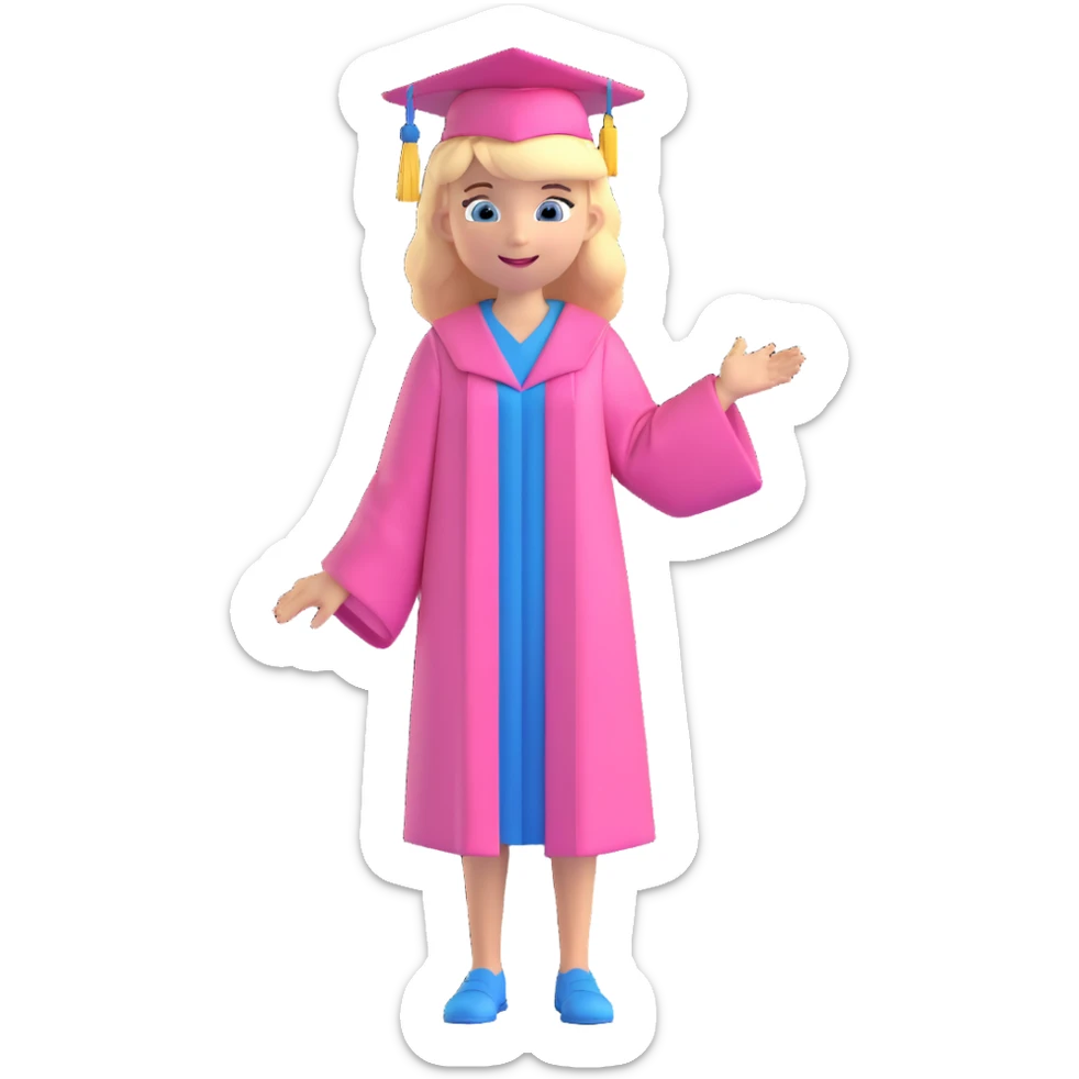 blonde hair blue eyed girl wearing a pink graduation cap and gown, full body, cheerful expression sticker