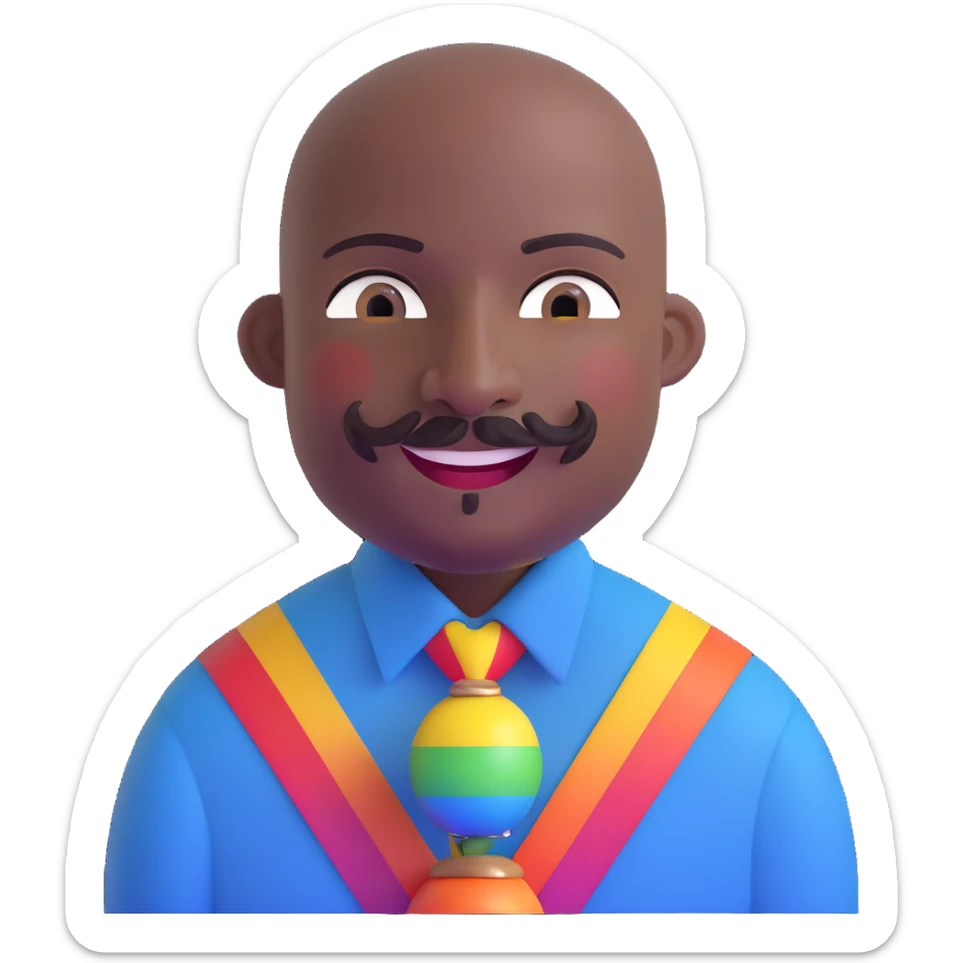 Oxumarê as a very happy and spontaneous smiling 37-year-old bald man with very dark skin, smooth oval head, indigenous facial features, mustache with circular beard only on chin (no hair on sides), a round mole on the right side below the lip, wearing a blue striped dress shirt, and a rainbow serpent, Memoji style sticker