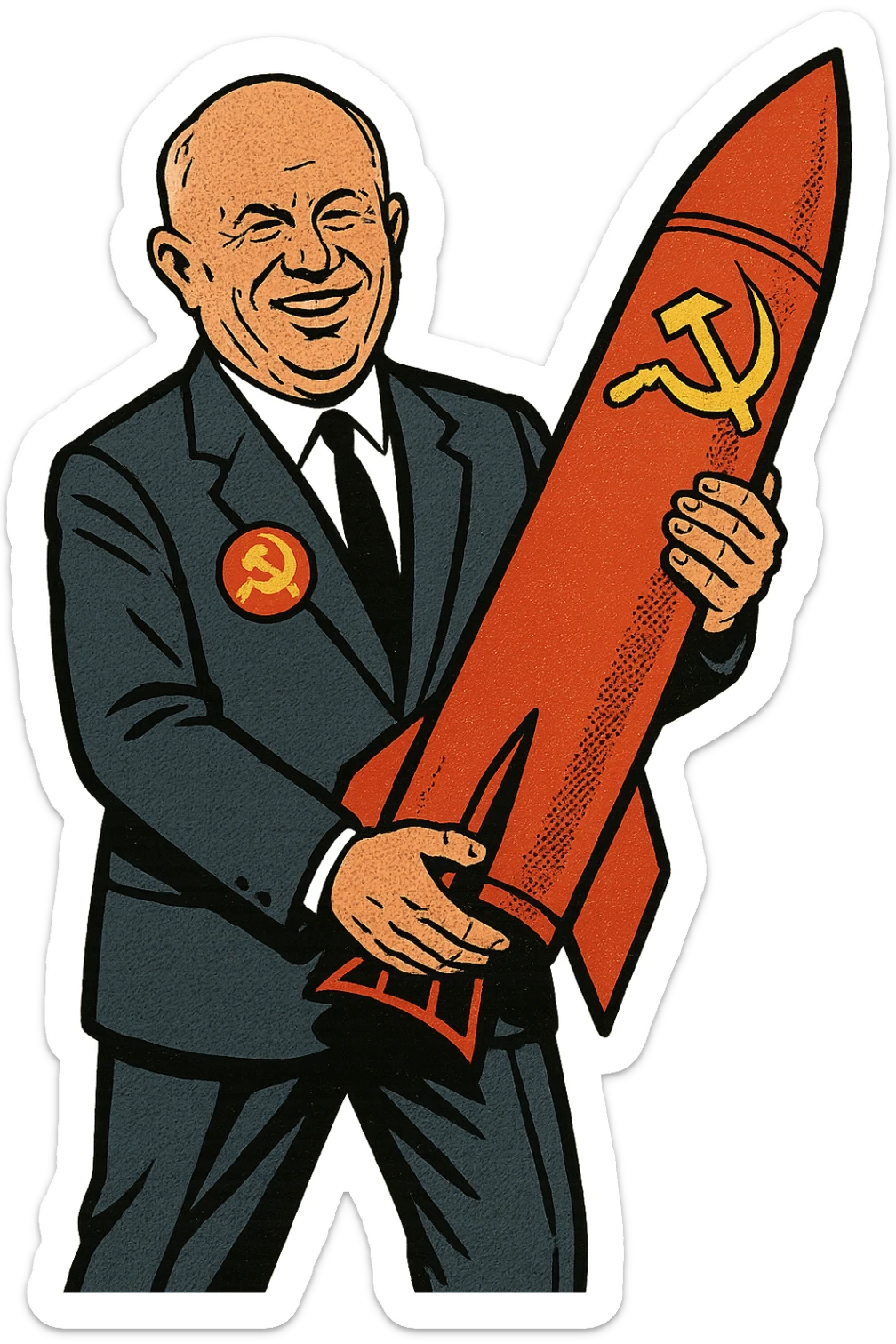 a full body of Soviet leader Nikita Khrushchev who is smiling and wearing a suit with a large communist badge. He is holding a soviet nuclear missile sticker