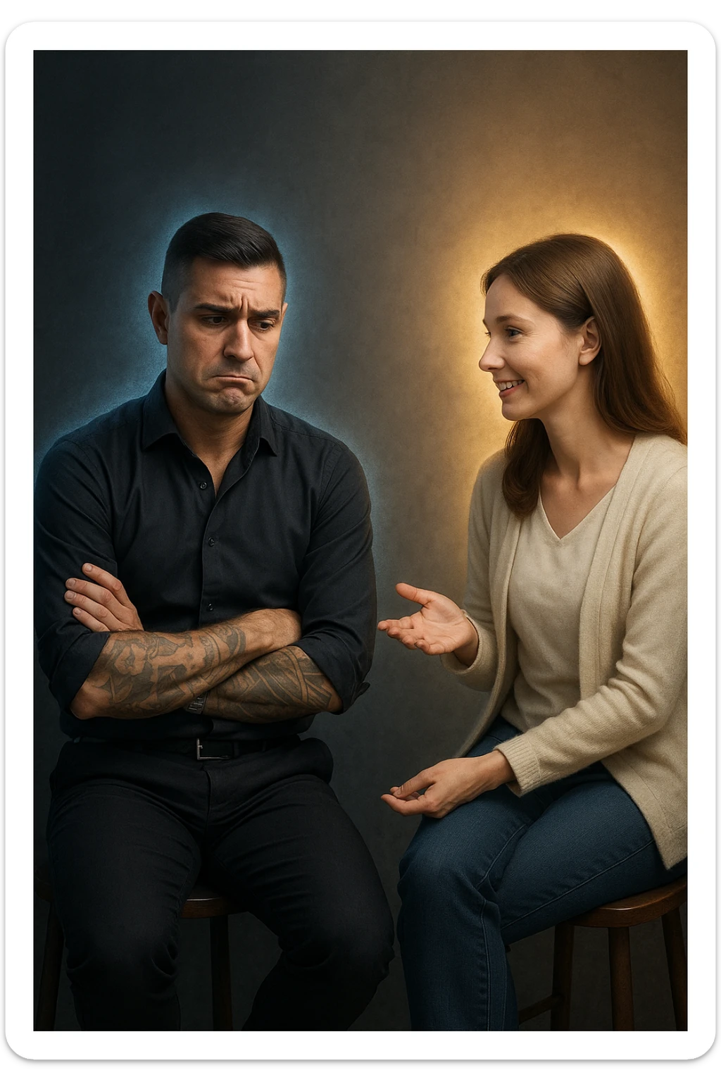 Uomo tra i 30 e i 40 anni seduto su una sedia, sguardo dubbioso, con le mani incrociate in grembo. Di fronte a lui, una donna calma e gentile gli parla e gli offre una soluzione con gesto aperto. Intorno a lei, un’aura luminosa. Intorno a lui, la sua aura maschile si affievolisce, come se stesse perdendo forza interiore. L’uomo appare indeciso, la postura è passiva. Ambientazione neutra, toni simbolici, atmosfera silenziosa. Luci fredde e calde in contrasto. Stile realistico con accenti metaforici sticker
