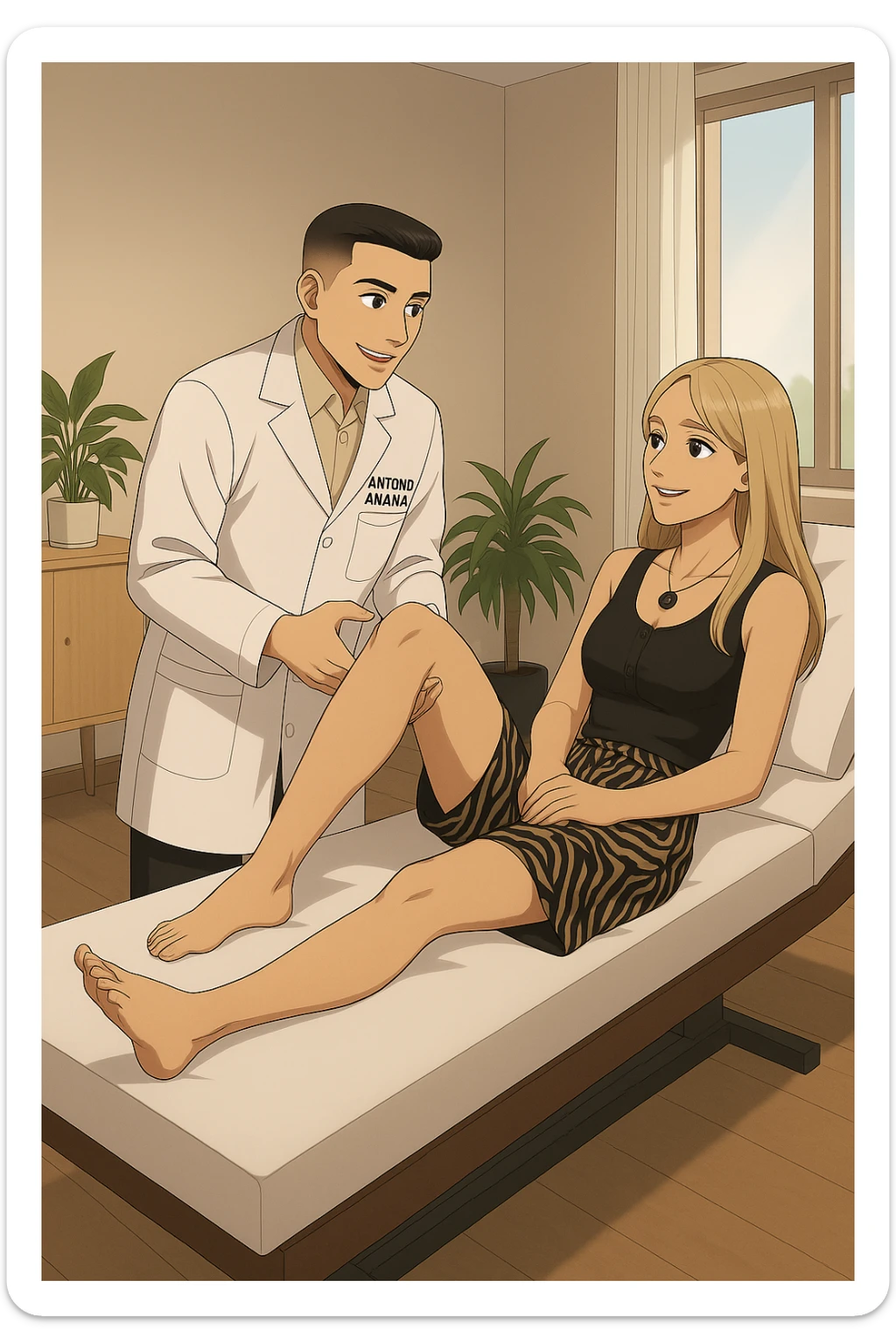 fai un webtoon/manga a colori con questo kinesiologo in camice bianco (fagli la scritta "ANTONIO ANANIA" SUL CAMICE) CHE SVOLGE UN TEST NEUROMUSCOLARE SOLLEVANDO UNA GAMBA ALLA RAGAZZA CHE è STESA SU UN LETTINO BIANCO. STANZA SEMPLICE E MODERNA, DURANTE IL TEST I DUE DIALOGANO TRA LORO. NON FARE I FUMETTI, FAI SOLO LORO COME SE DIALOGASSERO sticker