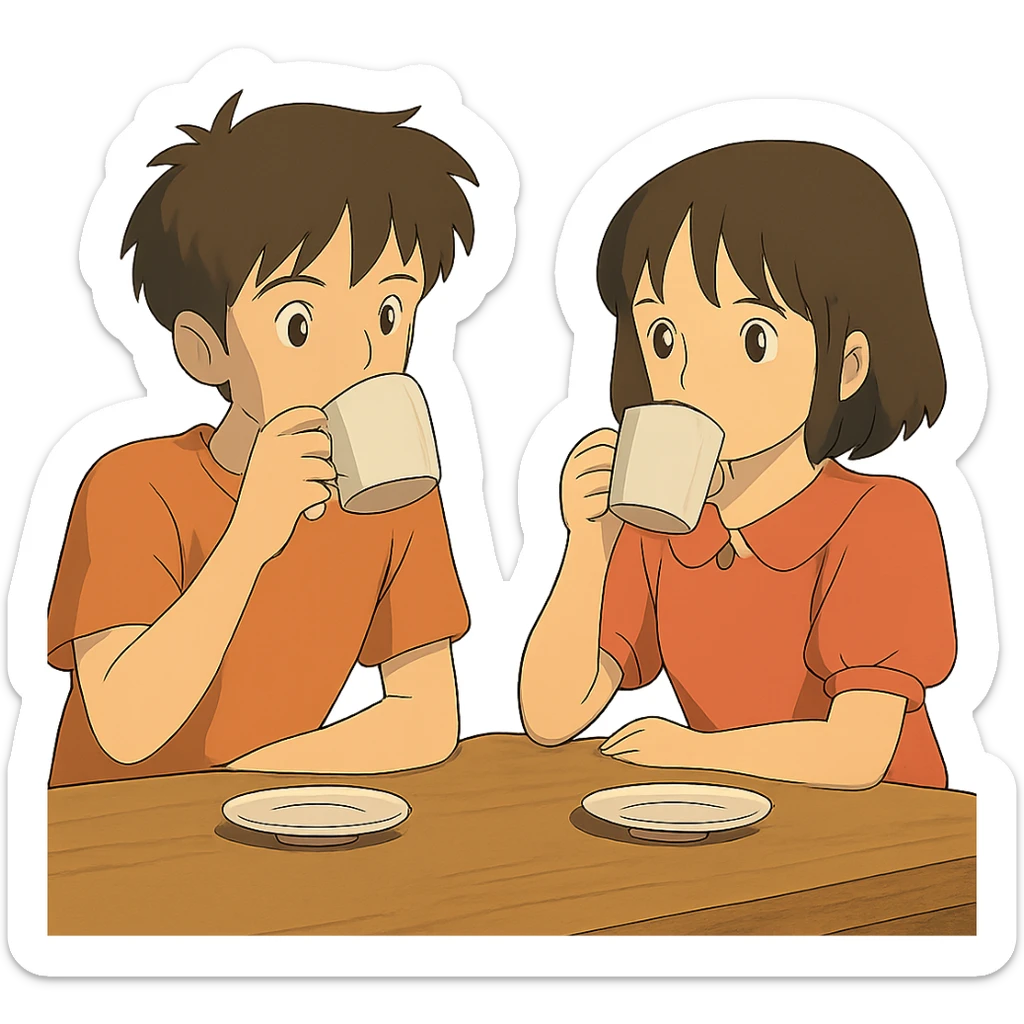 ghibli style boy and girl sitting at a table sipping coffee sticker