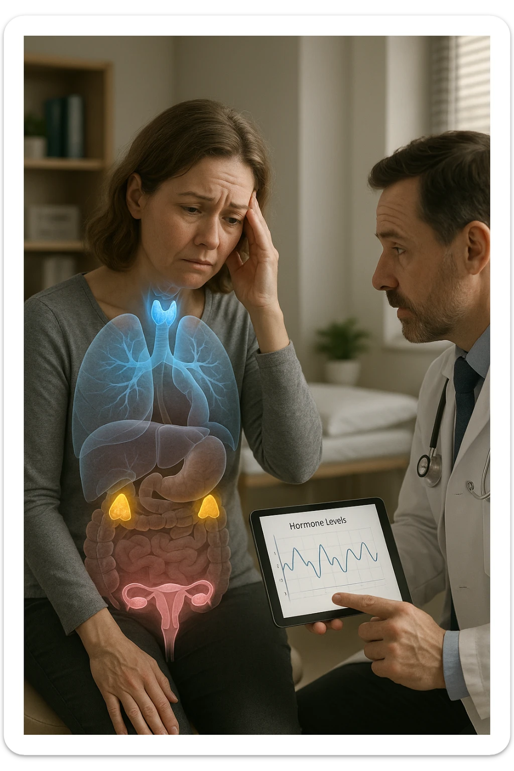 Realistic, vertical medical scene: a woman sits in a doctor’s office, looking fatigued and concerned. A semi-transparent overlay shows her internal organs, with the thyroid, ovaries, and adrenal glands glowing or pulsing in different colors to indicate hormonal imbalance. The doctor points to a digital tablet displaying fluctuating hormone levels. The mood is informative and empathetic. sticker