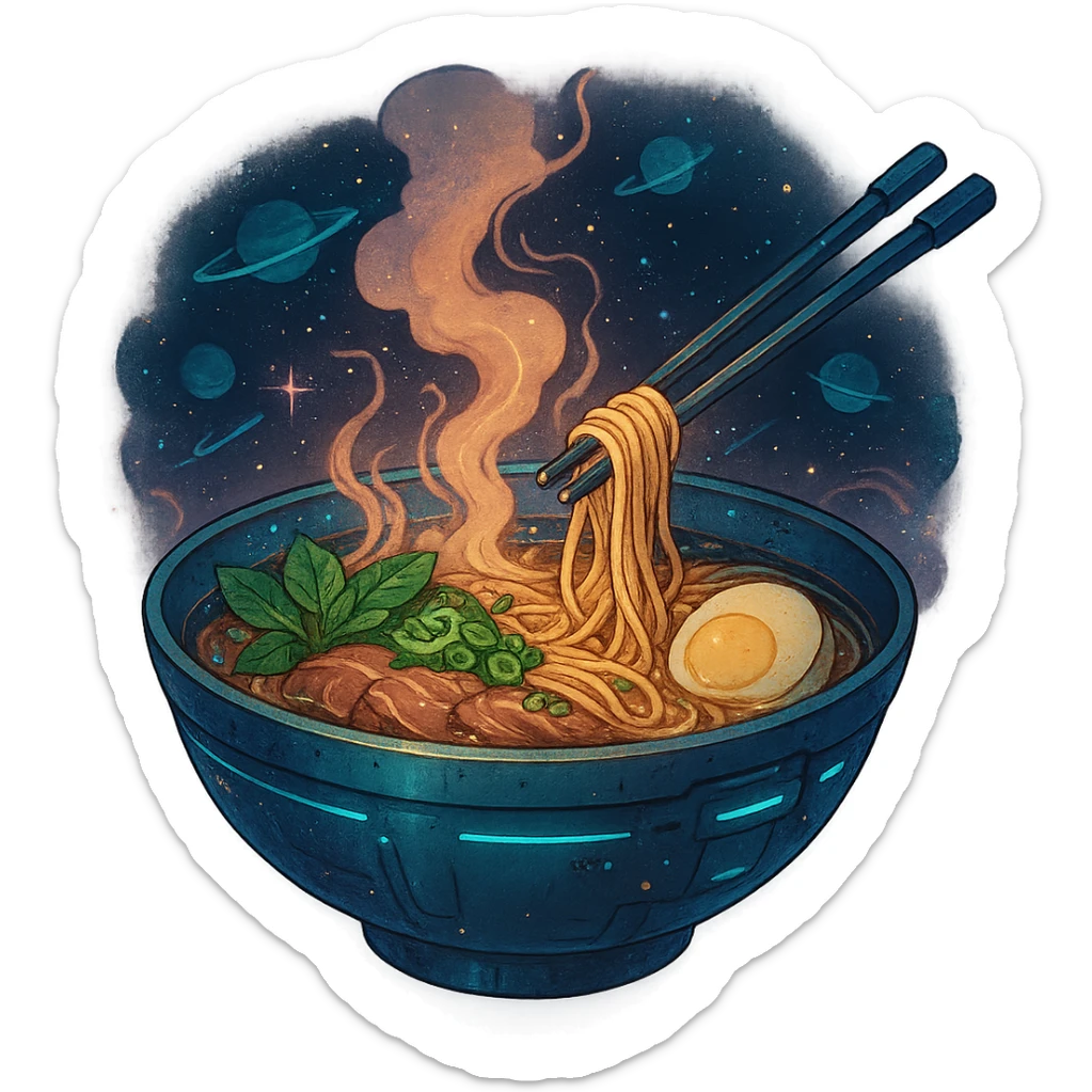 cyberpunk futuristic, space scifi, a bowl of delicious pho, ramen, piping hot sticker