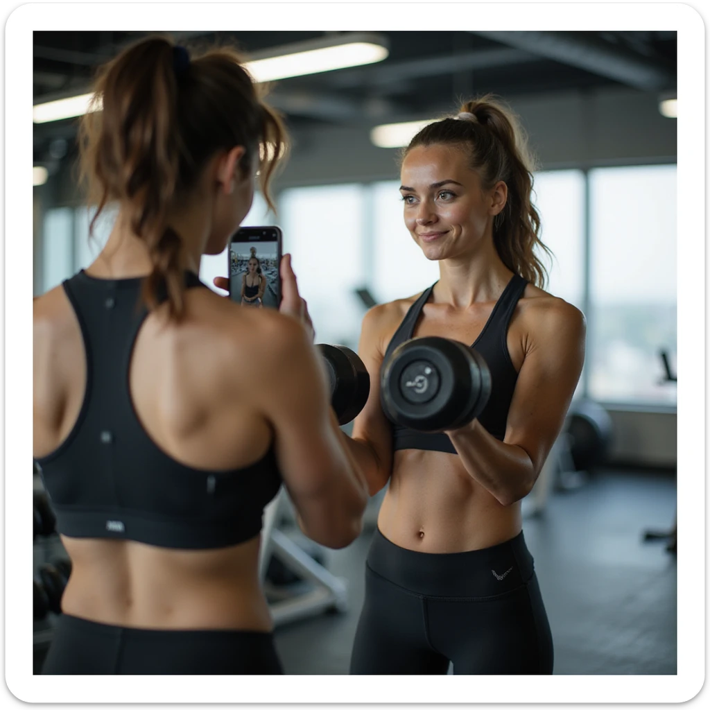 young woman in sportswear in gym, doing dumbbell curls, recording video check with smartphone for coach, bright gym with mirrors, hyperrealistic details, 4K sticker