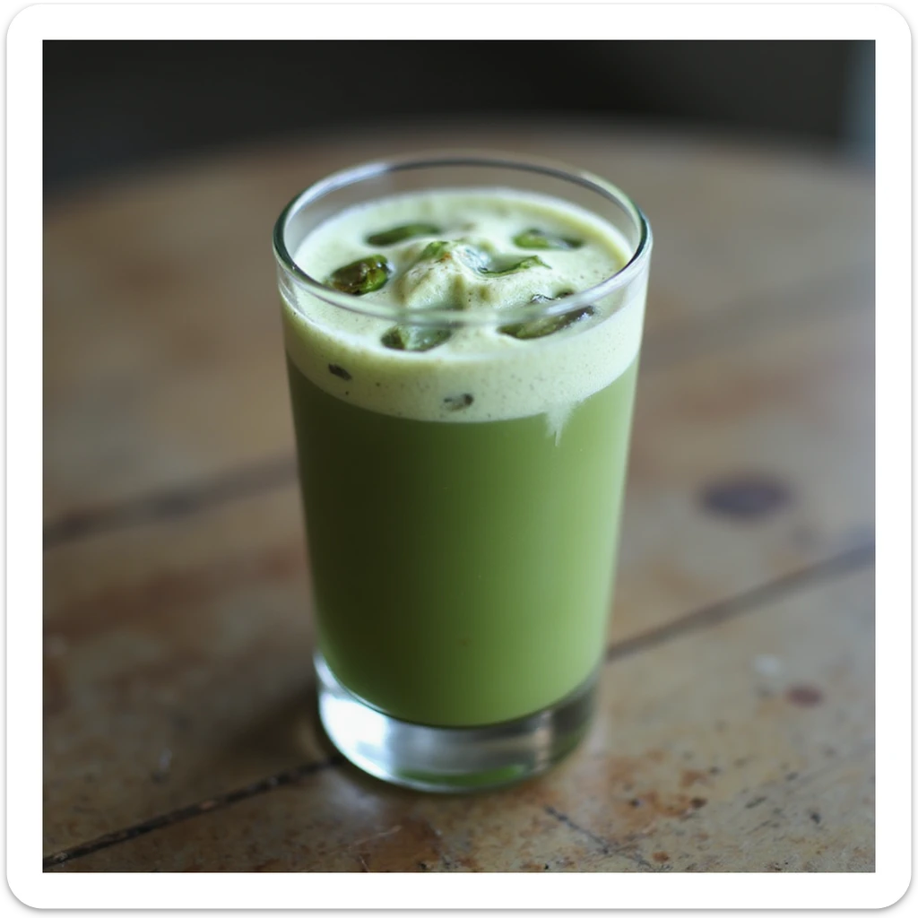 realistic glass of iced matcha latte with green color and ice cubes, photorealistic style sticker