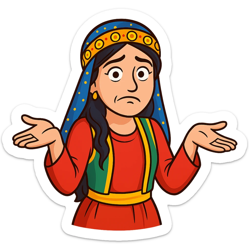Create a colorful and cheerful cartoon sticker of a Kurdish woman wearing traditional Kurdish female clothing, with no shadows or color halos around the image. The face should have an indifferent or unsure expression with raised eyebrows and a closed or crooked mouth. Both hands are open with palms facing up, shoulders raised, and the body slightly hunched, exactly matching the pose in the reference images. No text, completely transparent background. Suitable for WhatsApp and Instagram. sticker
