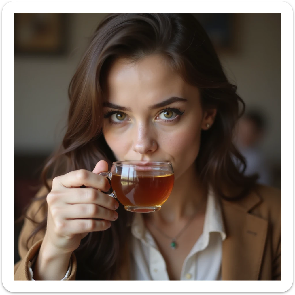 realistic woman giving side eye while sipping hot tea with her pinky up, photorealistic style, expressive face sticker