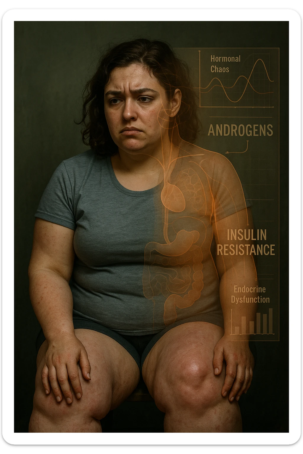 cinematic realistic Woman with PCOS struggling with hormonal chaos, transparent overlay showing elevated androgens and insulin resistance affecting her body, lipedema causing disproportionate fat accumulation in legs and arms despite normal torso, expression of frustration with unexplained weight gain, medical charts showing complex endocrine dysfunction, painful swollen limbs contrasting with metabolic confusion scrivi i testi in italiano sticker