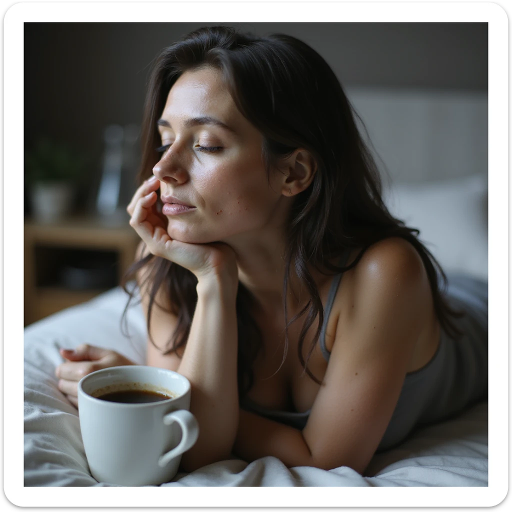 hyperrealistic 4K image of a woman with PCOS, eyes closed, face with acne and chin hair, thinning hair, slouched posture sitting on a bed, half-full coffee cup on the bedside table, home environment sticker