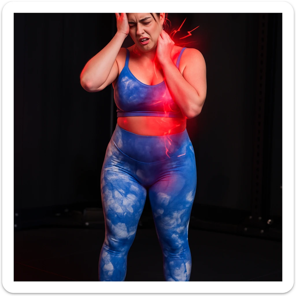 Realistic style edit of the same girl identical to the photo with one hand on the temple and one on the neck, expression of intense pain. Pain symbols like redness and lightning on neck and head. sticker