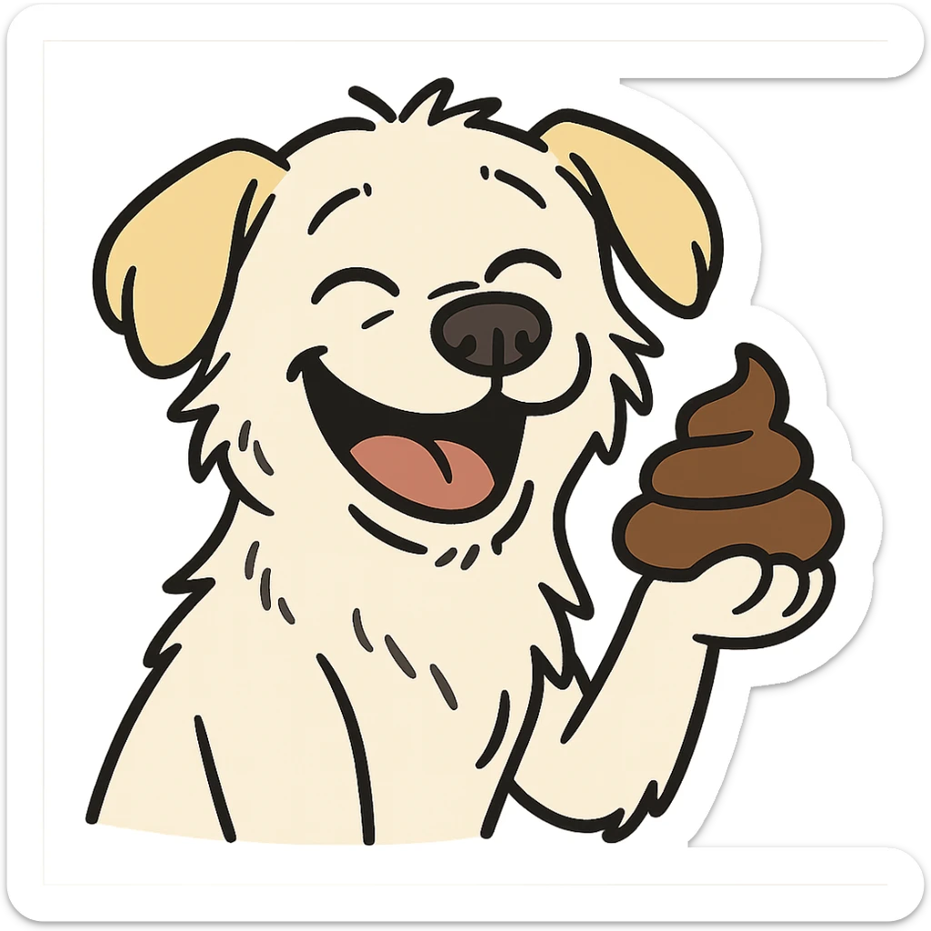 cartoon style emoji of a white mongrel dog with light yellow floppy ears, mix of Jindo and Retriever, lying ears, messy but cute face, smiling happily while holding poop sticker