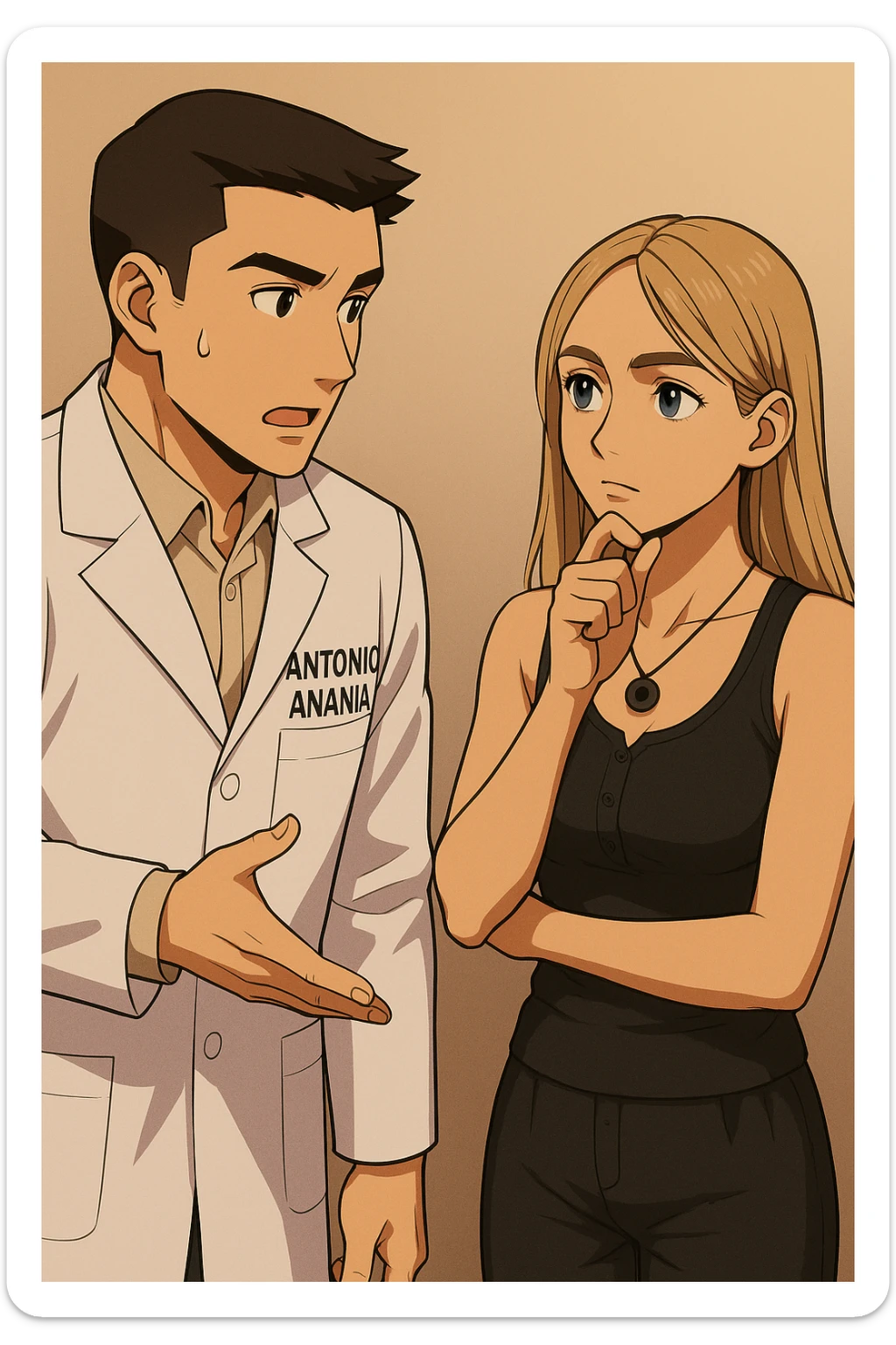 fai un webtoon/manga a colori con questo kinesiologo in camice bianco (fagli la scritta "ANTONIO ANANIA" SUL CAMICE) CHE PARLA CON QUESTA RAGAZZA CON GLI OCCHI AZZURRI. la ragazza HA UN DITO SUL MENTO MENTRE PENSIEROSA gli fa una domanda e IL KINESIOLOGO CON IL CAMICE BIANCO LE risponde. NON FARE I FUMETTI, FAI SOLO LORO COME SE DIALOGASSERO sticker