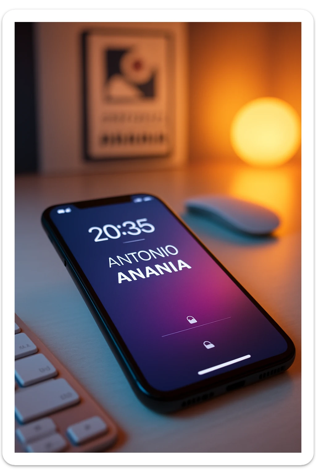 A photo of an iPhone on the desk with the message "Antonio Anania" on its screen, The phone sits atop a desk with a blurred background that suggests work environment. A faint glow from above casts gentle shadows across the surface of each object, creating depth and highlighting their textures sticker