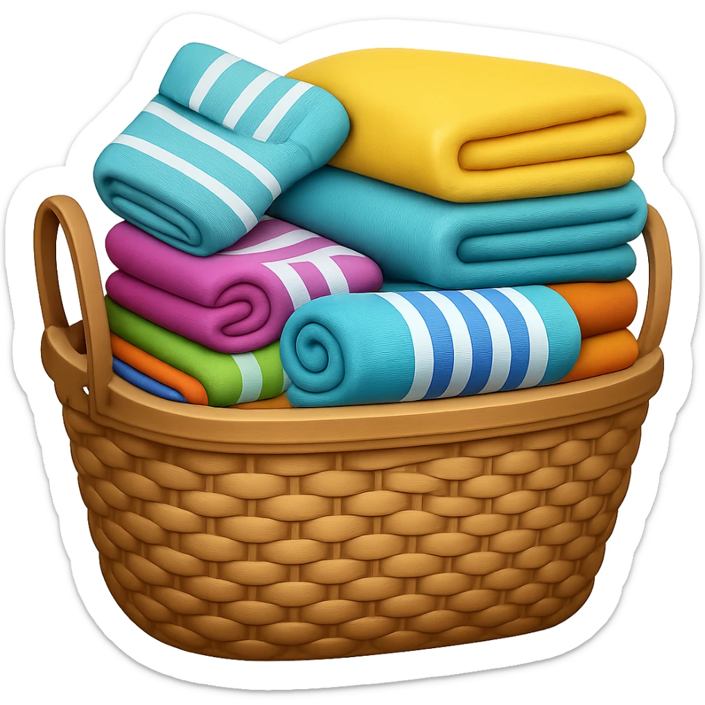 Add folded towels on top of the towels and socks overflowing in the wicker basket in emoji style, no background. sticker