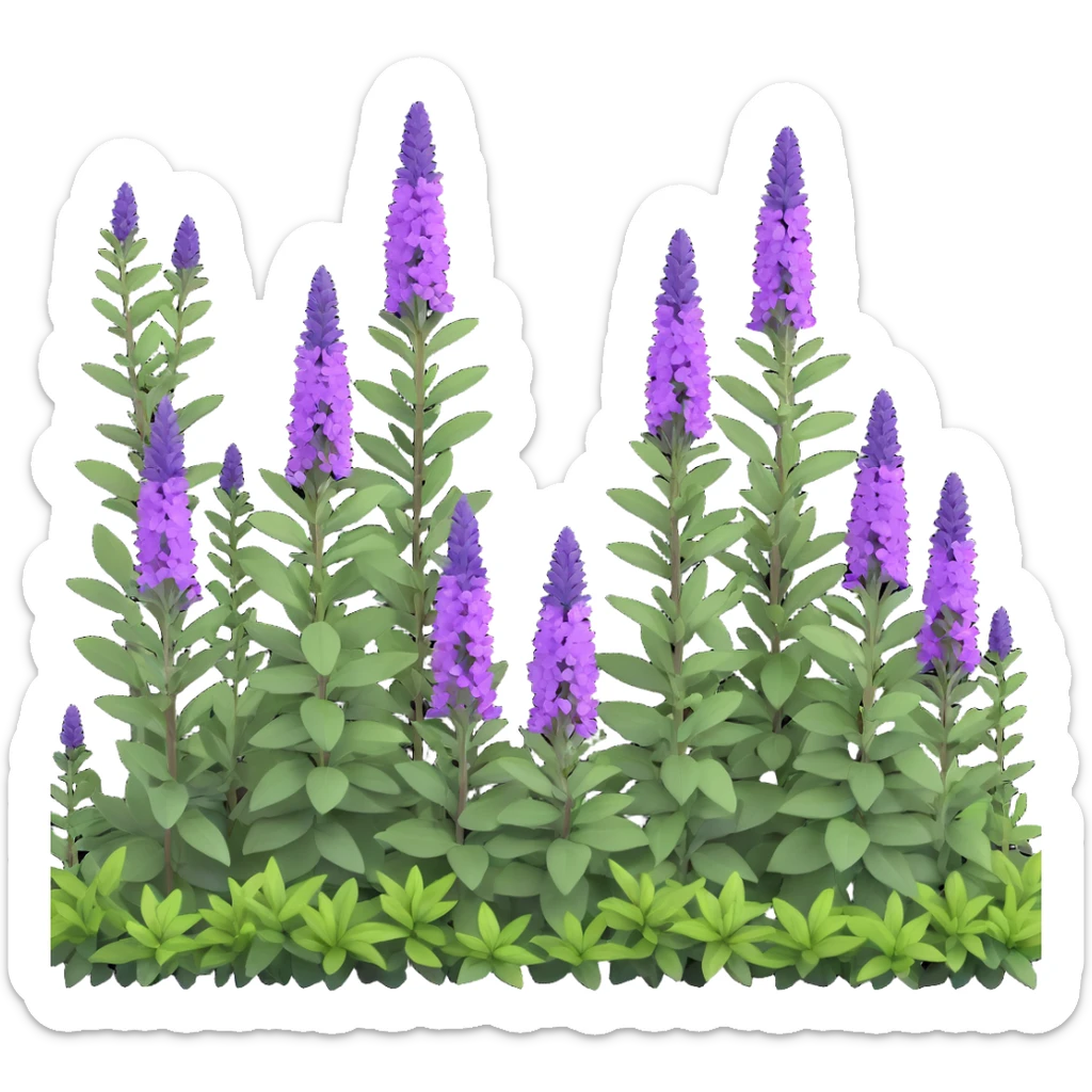 3D iOS style illustration of Salvia nemorosa (woodland sage), dense bush with upright purple flower spikes and green leaves, realistic and vibrant sticker