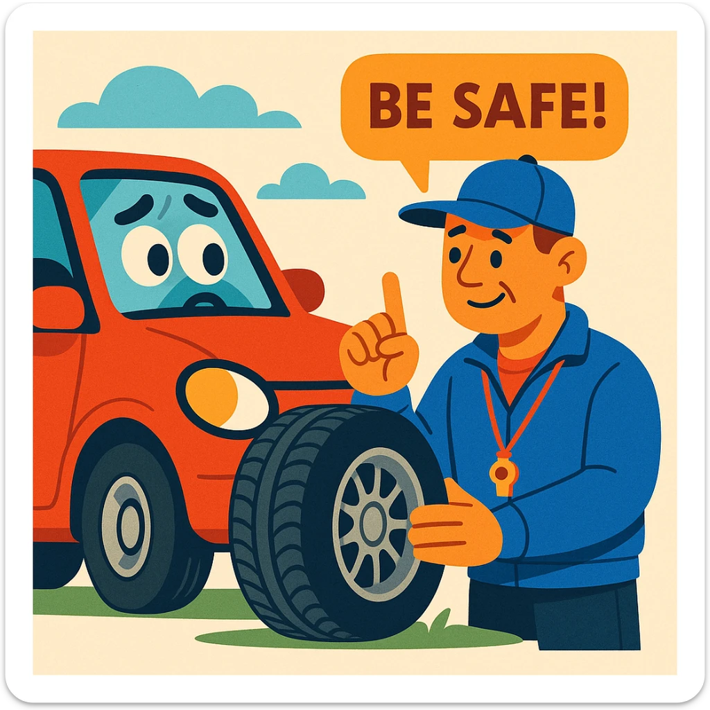 car with tire highlighted, sympathetic coach giving safety advice, modern and reassuring illustration style sticker