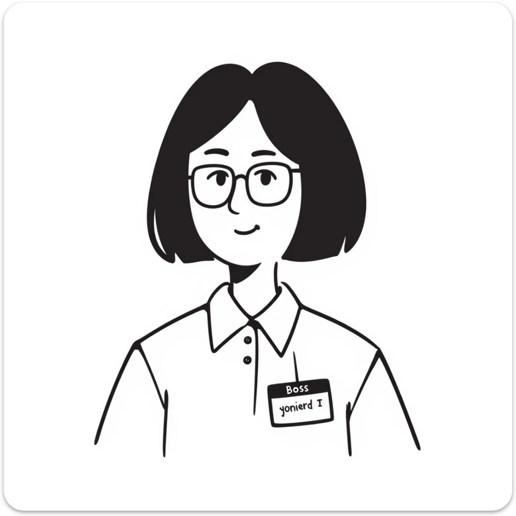 Asian girl wearing glasses, white shirt with a work tag showing her Asian young male boss's name, simple line drawing style sticker