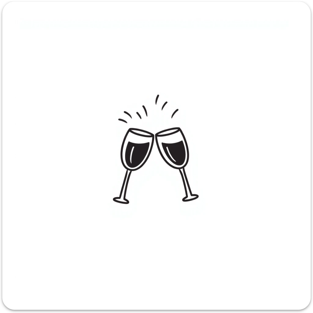 Two elegant wine glasses or champagne flutes clinking together in pastel colors (dd9fb0, ffc6d3, a3bfc9, c4bee2, f1b091), hand-drawn doodle style sticker