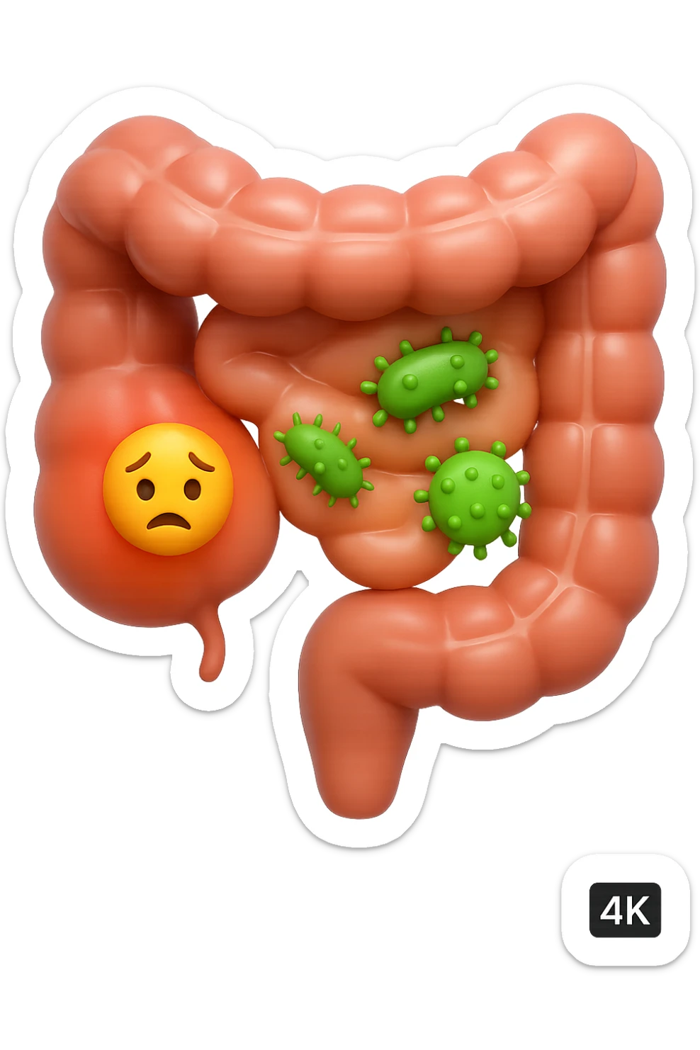 emoji stile iphone in 3d di intestino realistico con infezione e batteri dentro, iperrealistico 4k sticker