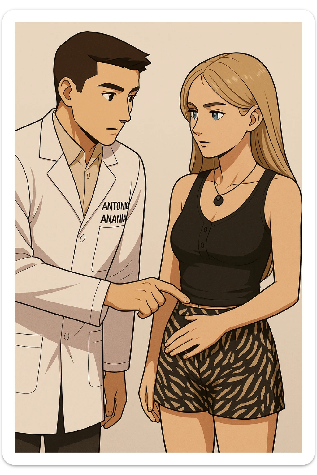 fai un webtoon/manga a colori con questo kinesiologo in camice bianco (fagli la scritta "ANTONIO ANANIA" SUL CAMICE) CHE PARLA CON QUESTA RAGAZZA CON GLI OCCHI AZZURRI. IL KINESIOLOGO CON IL CAMICE BIANCO LE TOCCA LA PANCIA CON UN DITO DOVE C'è L'INTESTINO. NON FARE I FUMETTI, FAI SOLO LORO COME SE DIALOGASSERO sticker