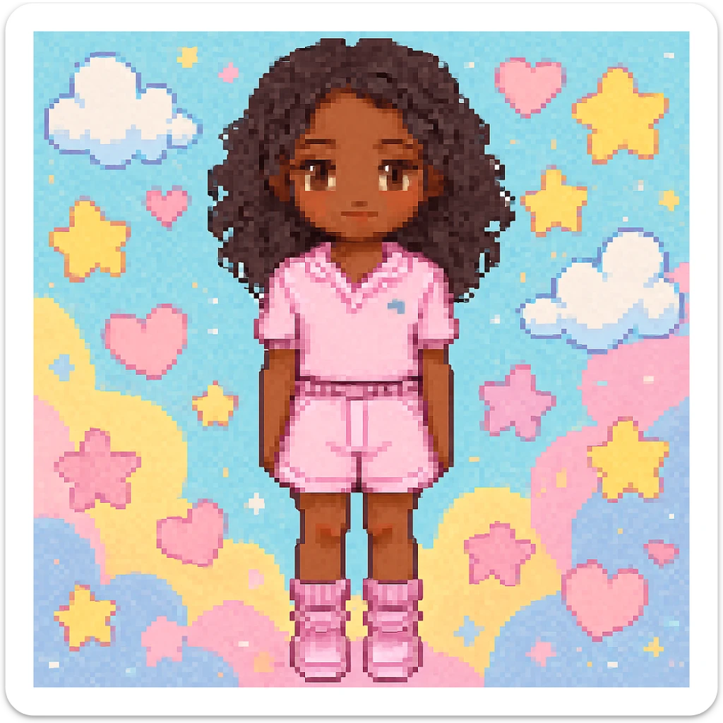 Add a cute, colorful background to the pixel art of a brown-skinned girl with black curly mid-length hair wearing a pink outfit. Keep the pixel art style consistent with the original image. sticker