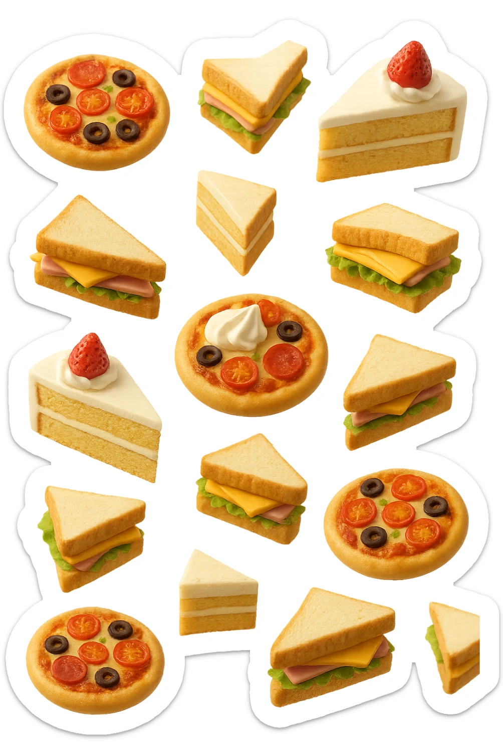 pizzette, fette di torta e panini, fluttuano in aria in 3d, sfondo bianco sticker