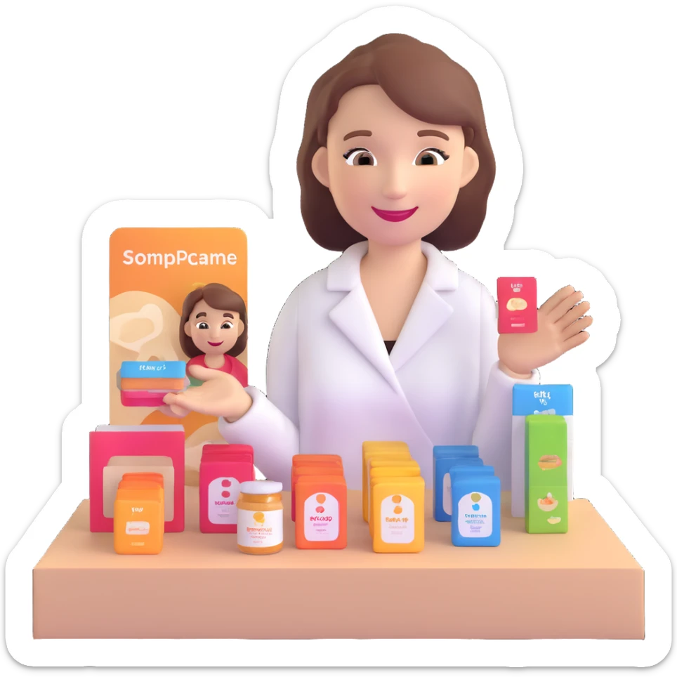 woman handing out product samples to customers outdoors, smiling, with a product display table sticker