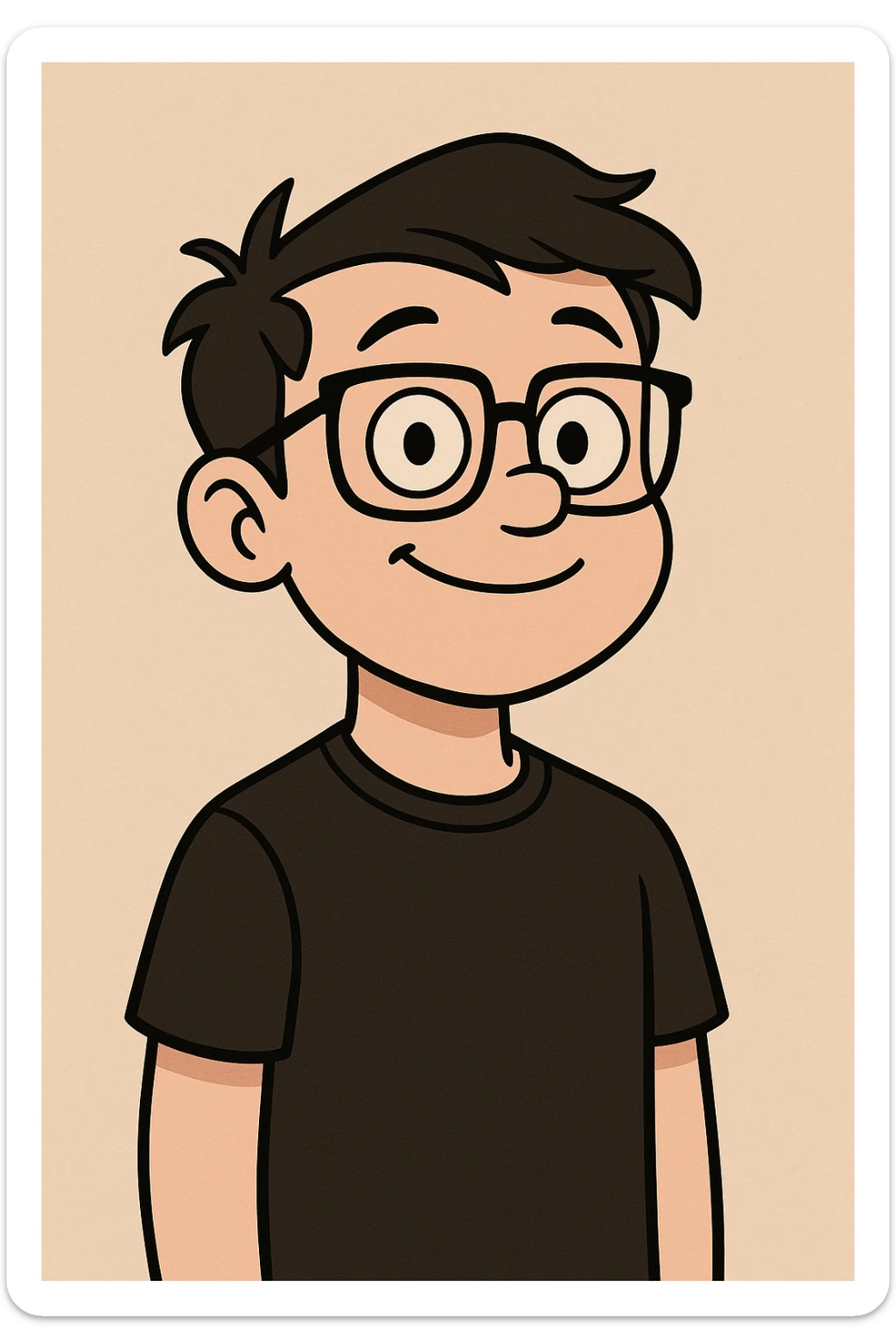 white boy with blue eyes, black glasses, black t-shirt, smiling, cartoon style sticker