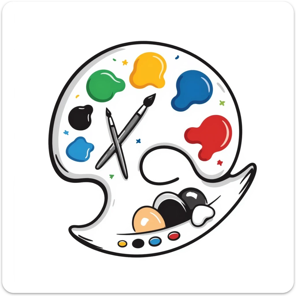 Detailed artist's palette with colorful paint blobs, palette holes, and paintbrushes. Sticker-like appearance with detailed doodle style and transparent background. sticker