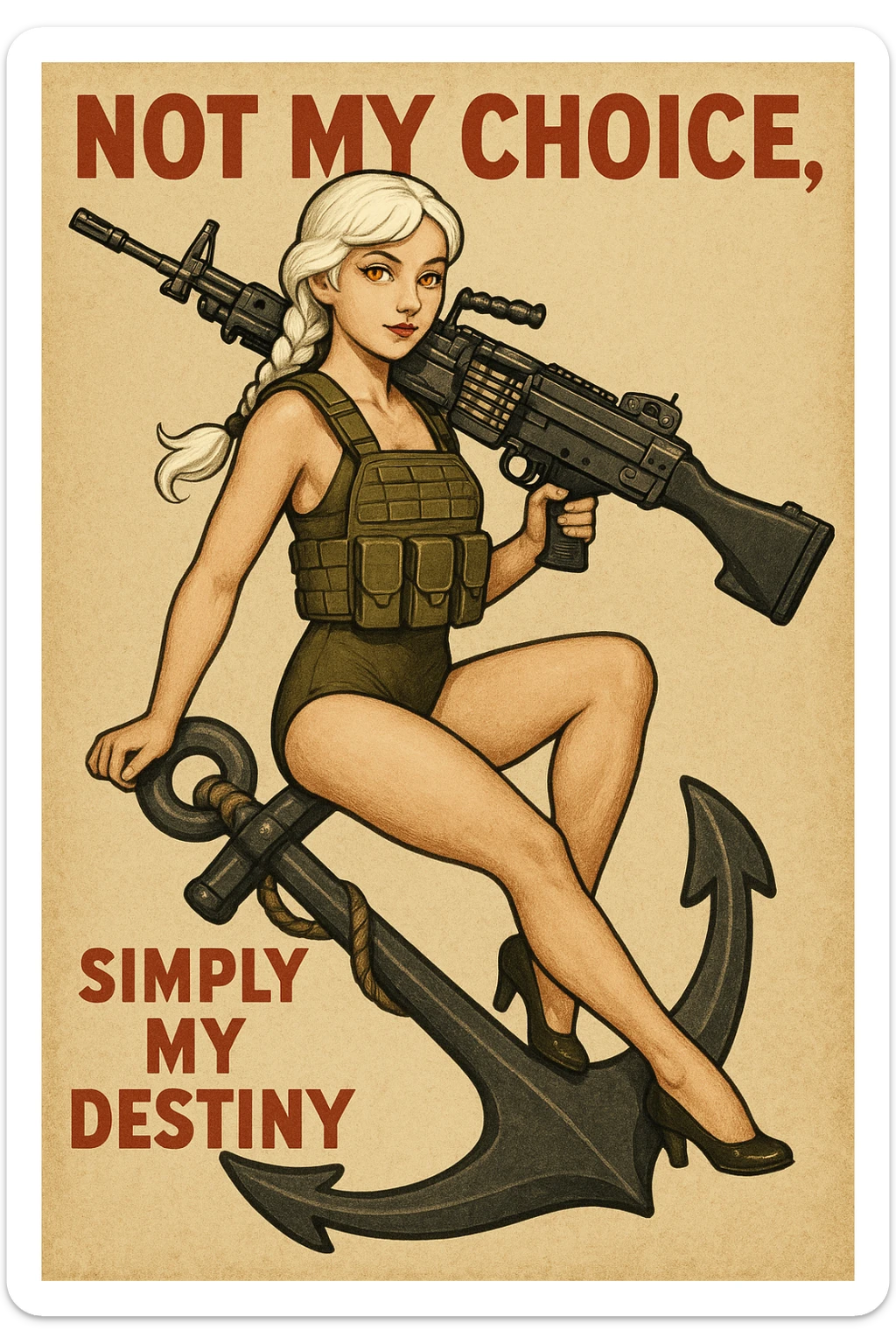 a retro military pinup " not my choice, simply my destiny "
; female figure young,gorgeous, white hair 1 braid, gold yellow eyes, riding side-saddle on a massive anchor , with a massive LMG 249,  wearing a swimsuit with plate-carrier sticker