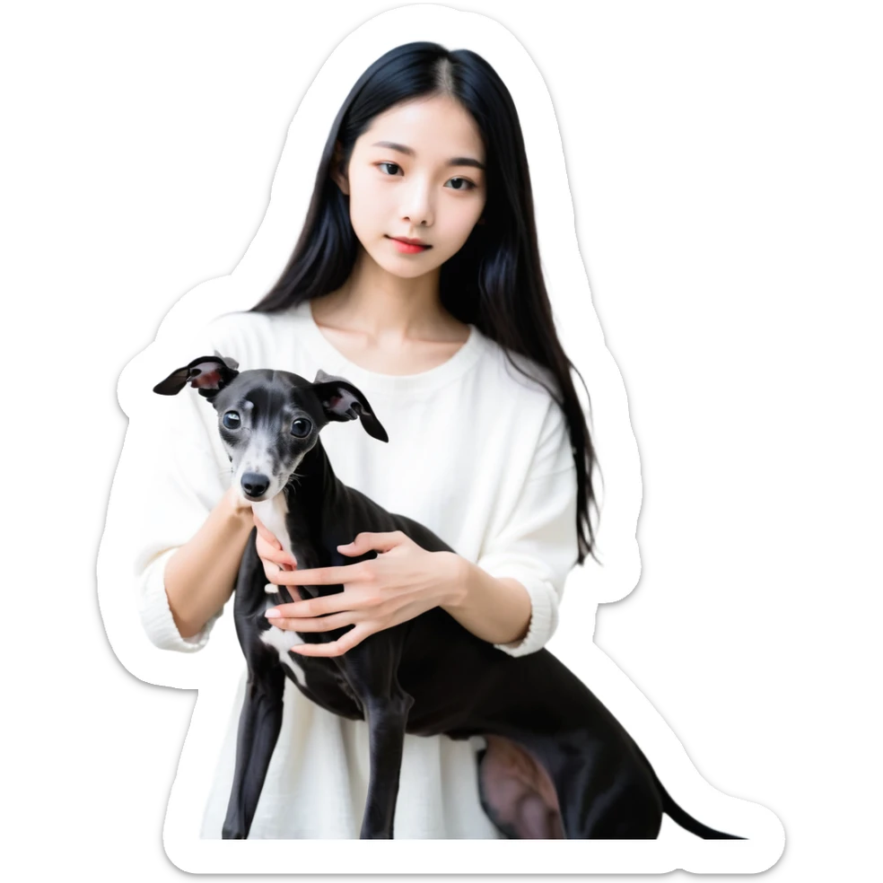 Slim Chinese girl with long black hair petting completely dark grey Italian greyhound with absolutely no white markings anywhere sticker