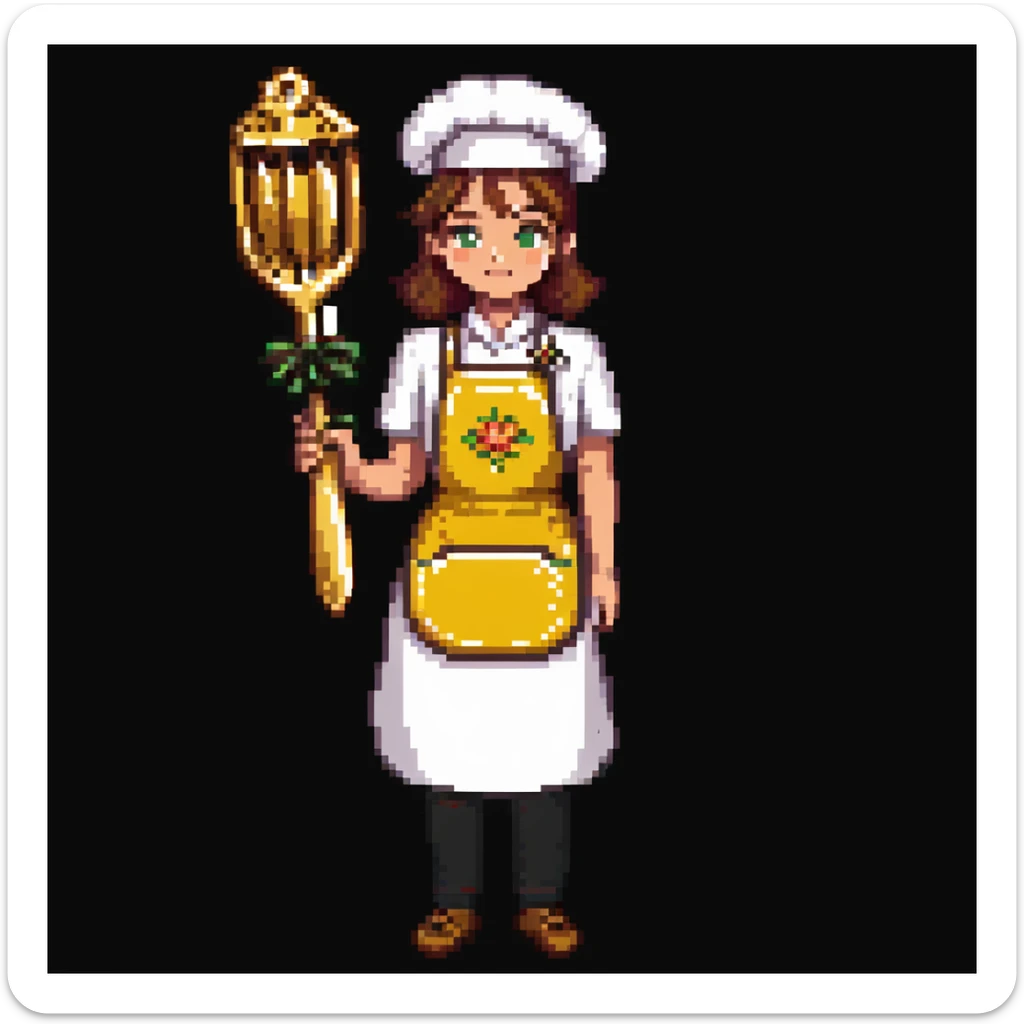 Portrait of a proud baker with a golden apron and embroidered details, holding a polished whisk, skeuomorphism style sticker