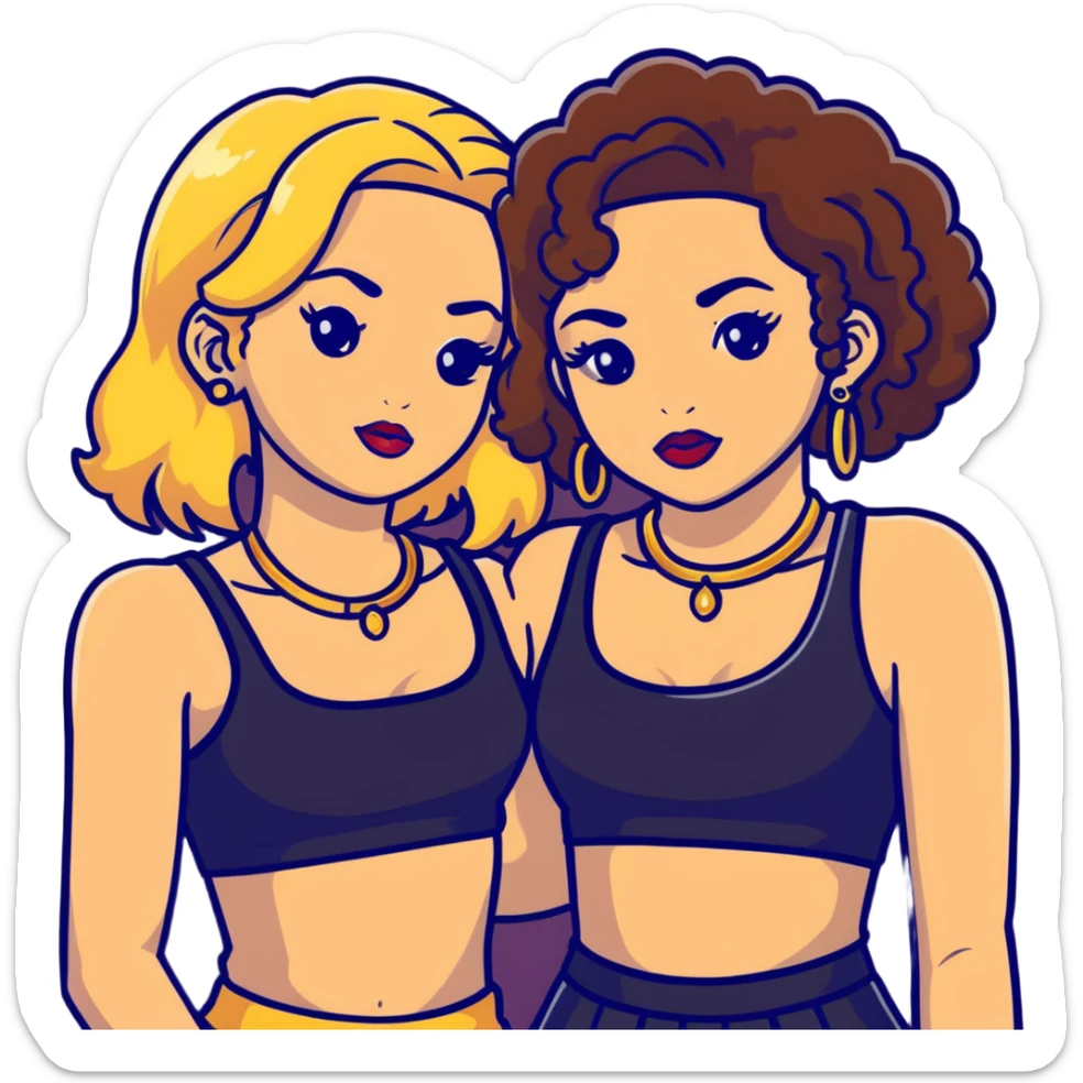 Two teenage girls together, one white with straight blonde hair and one brown-skinned with curly dark hair, both with heavy makeup, big lips, crop tops, gold jewelry and flashy choni style outfits sticker