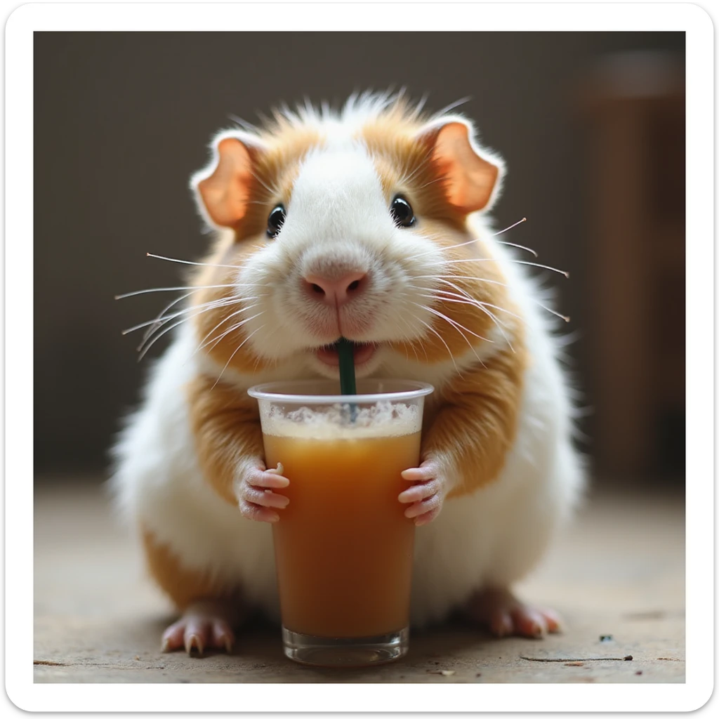 a lifelike guinea pig sipping bubble tea with a straw, photorealistic style sticker