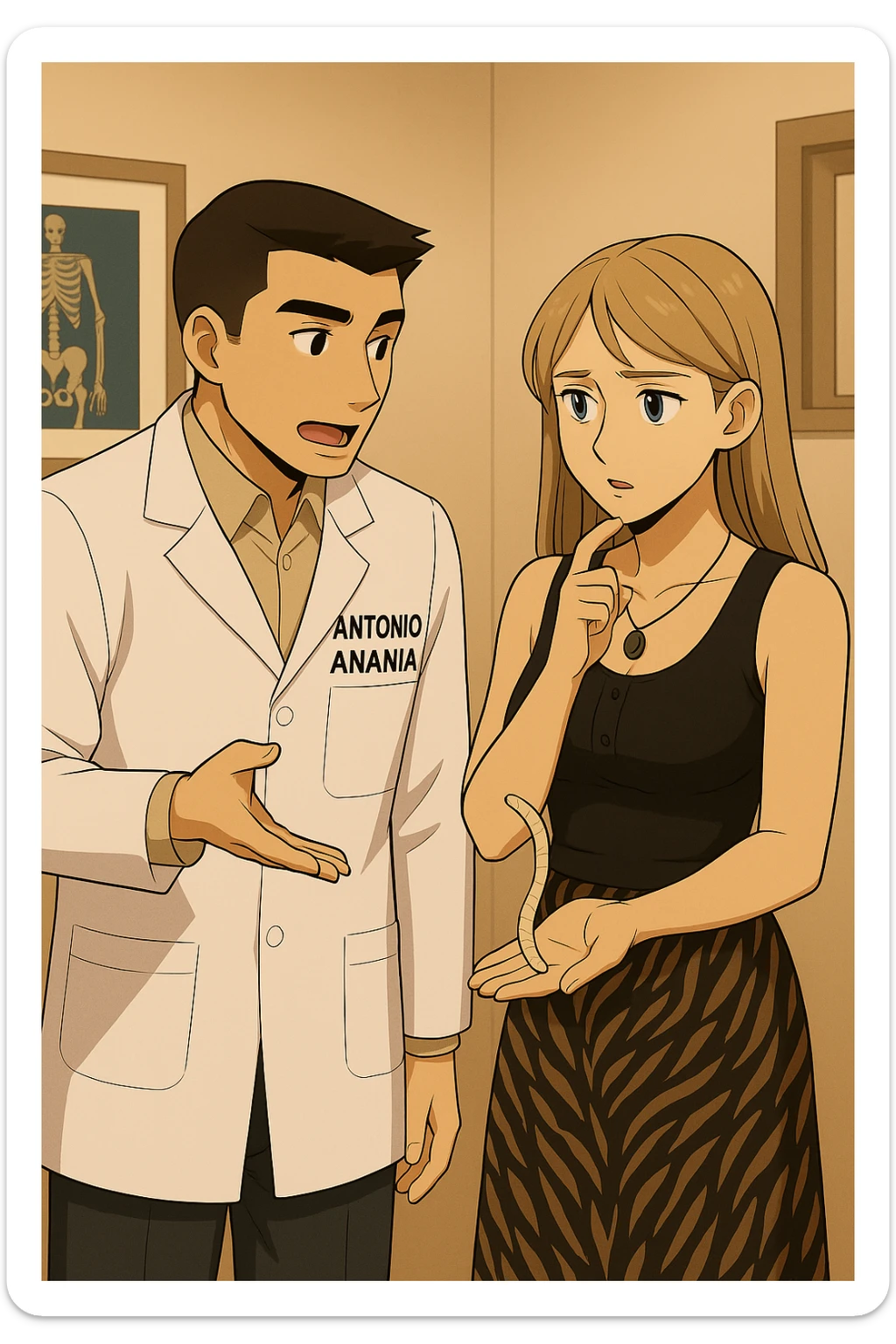 prendi spunto da queste immagini e fai un webtoon/manga a colori con questo kinesiologo in camice bianco (fagli la scritta "ANTONIO ANANIA" SUL CAMICE) CHE PARLA CON QUESTA RAGAZZA CON GLI OCCHI AZZURRI. la ragazza FA UNA DOMANDA DUBBIOSA, e IL KINESIOLOGO CON IL CAMICE BIANCO le SPIEGA UNA COSA MOSTRANDOLE UN VERME LUNGO E BEIGE CHIARO CHE HA IN MANO. NON FARE I FUMETTI, FAI SOLO LORO COME SE DIALOGASSERO sticker