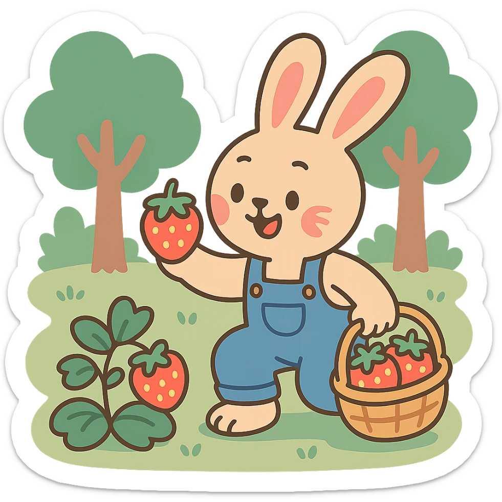bunny picking strawberries in the woods, sweet pastel red, pastel toon style sticker