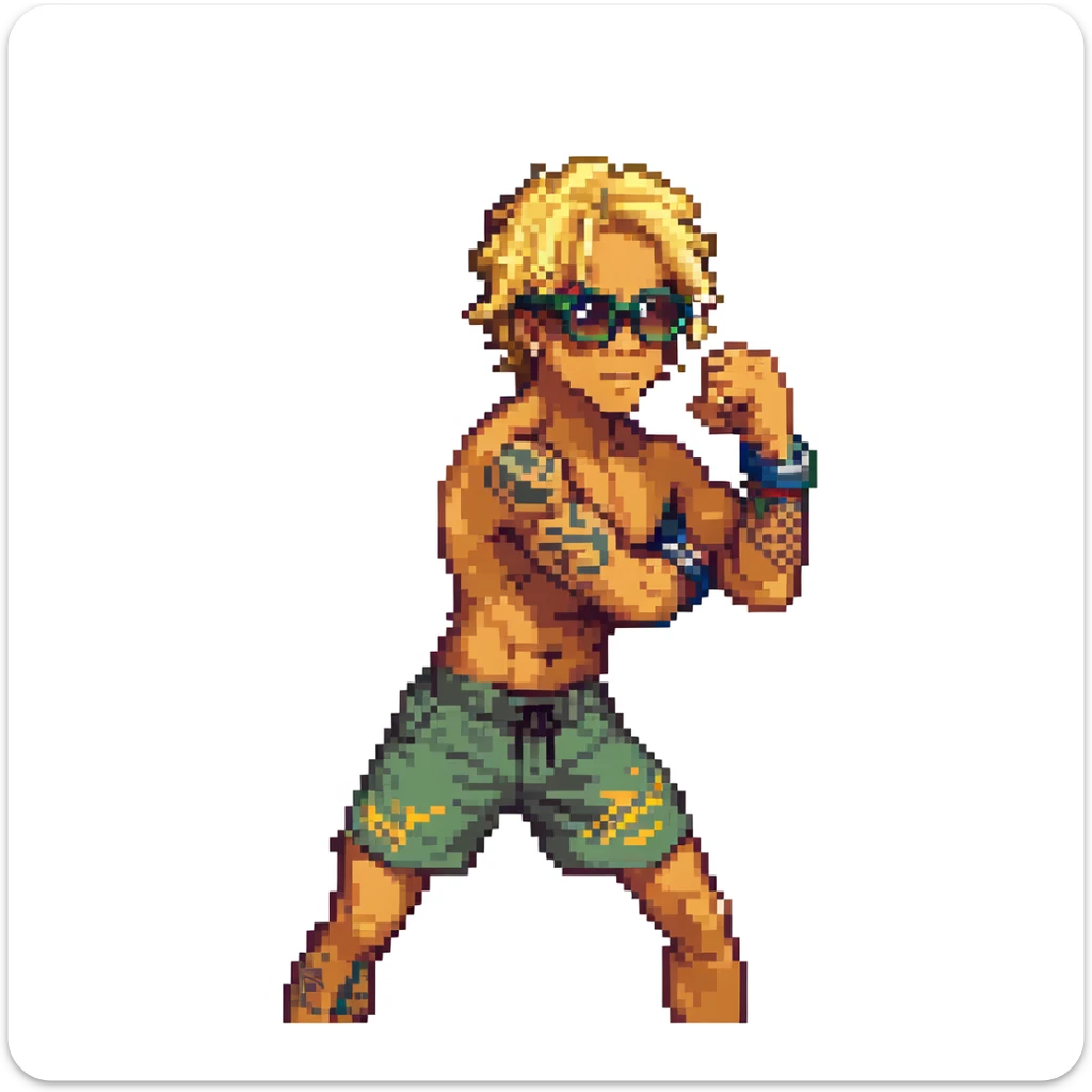 Charles Oliveira UFC fighter with blond hair, signature glasses, tattoos, in a fighting pose sticker