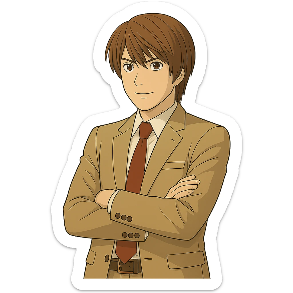 Create an exact Light Yagami in Ghibli style, standing with arms crossed, wearing the same suit, and showing the same confident expression. Match the face, hair, and suit details exactly to the reference image. Transparent background. sticker