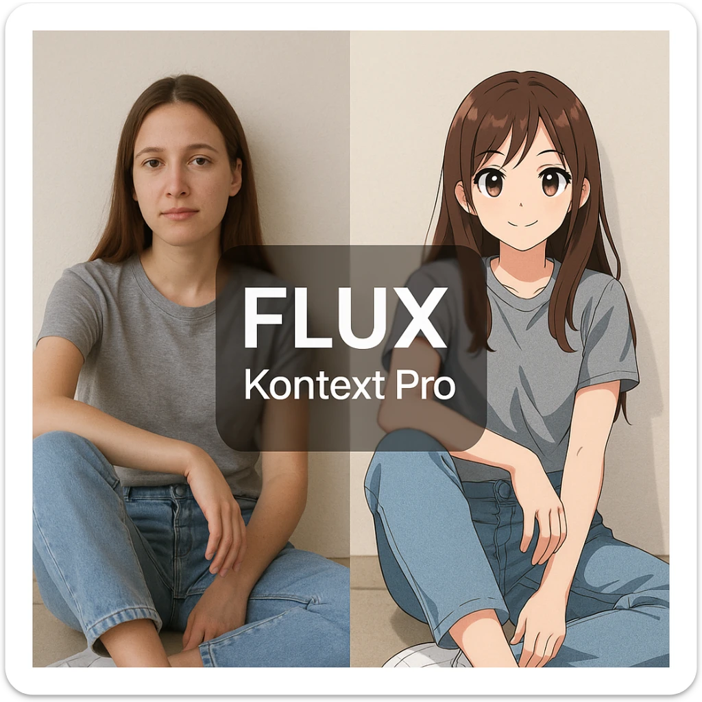 create before after image of a girl before is realsitic photo, after is anime version of her in same pose and clothes, add logo with text of a "FLUX Kontext Pro" sticker