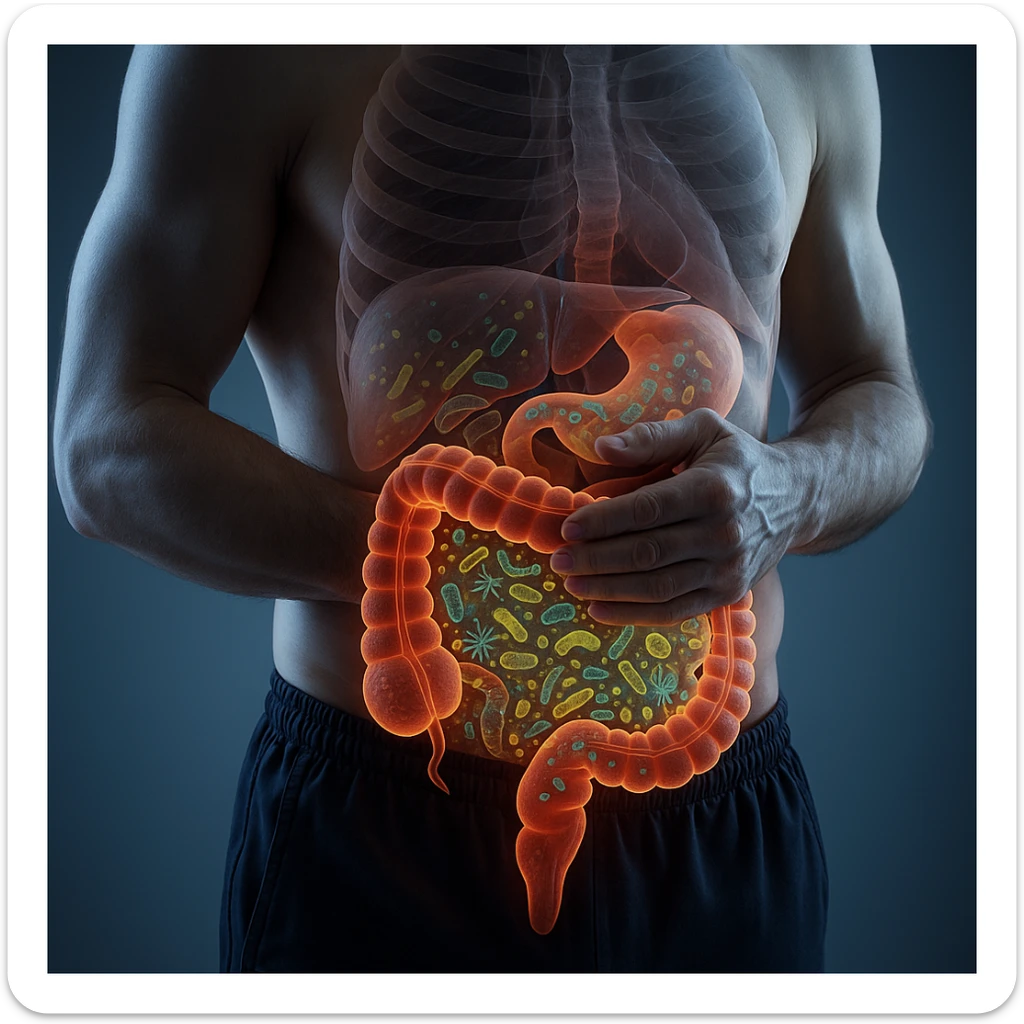 Hyperrealistic 4K anatomical view of a human body in a similar position to the reference image, with the intestine highlighted and glowing. No parasites present, but showing dysbiosis with visible bacteria and microorganisms inside the intestine. Medical atmosphere, highly detailed and realistic. sticker