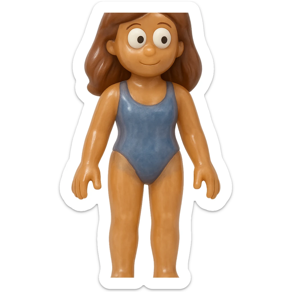 Ensure the entire beach girl character is fully visible from head to toe (no cropping). The style is full-body, retro 90's toy, very transparent and slightly see-through, natural tan skin, brown hair, blue swimsuit, derpy eyes (large white eyeballs with small black pupils looking in different directions), soft plastic texture, soft reflections, soft and squishy, some cloudiness, not shiny, highly detailed, appealing, no tag, no background. sticker