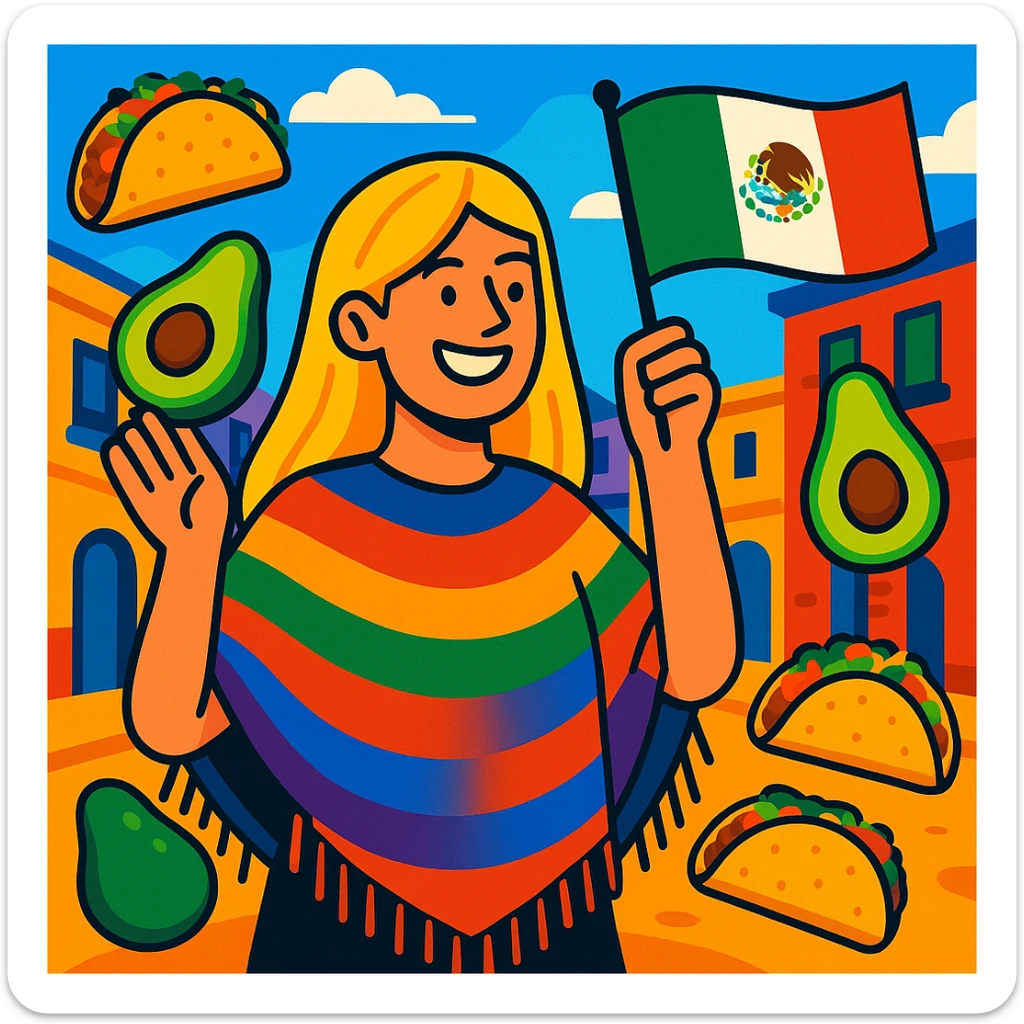 cartoon of a tall blonde woman smiling wearing a colorful poncho holding a taco and an avocado waving a Mexico flag surrounded by tacos and avocados on a lively street background with bright and bold colors sticker