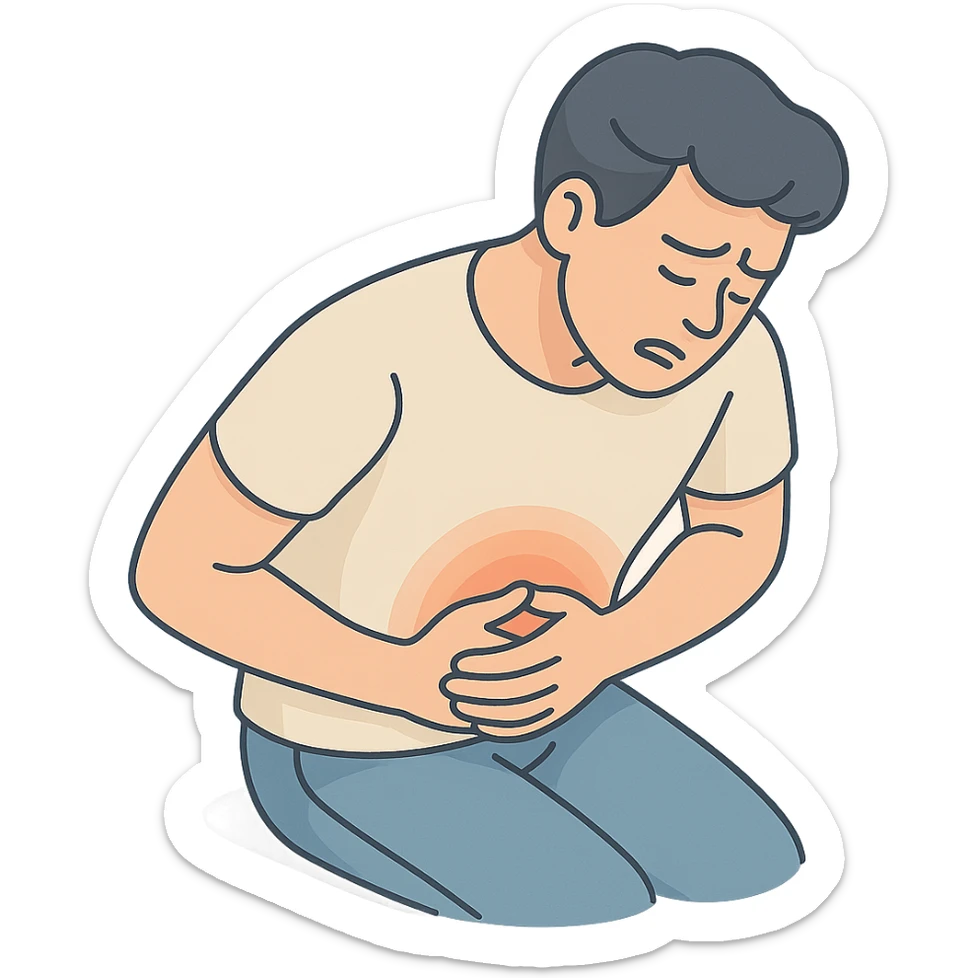 detailed 2D isometric illustration of a person (patient) with stomach pain, waist up, close-up, holding stomach with both hands, curled up in pain, soft rounded shapes, shadows and highlights, clean contours, pastel palette, modern illustration, transparent background sticker