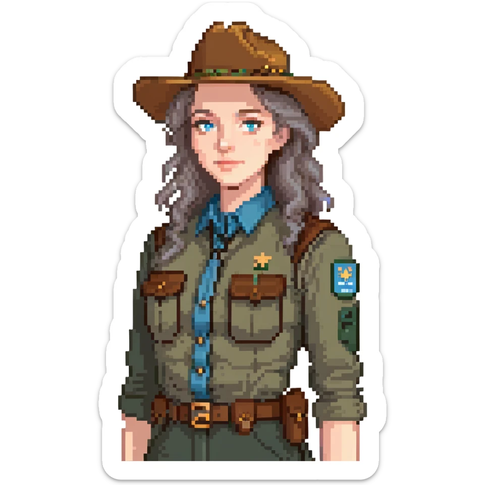 white woman park ranger with brown and gray hair and blue eyes sticker