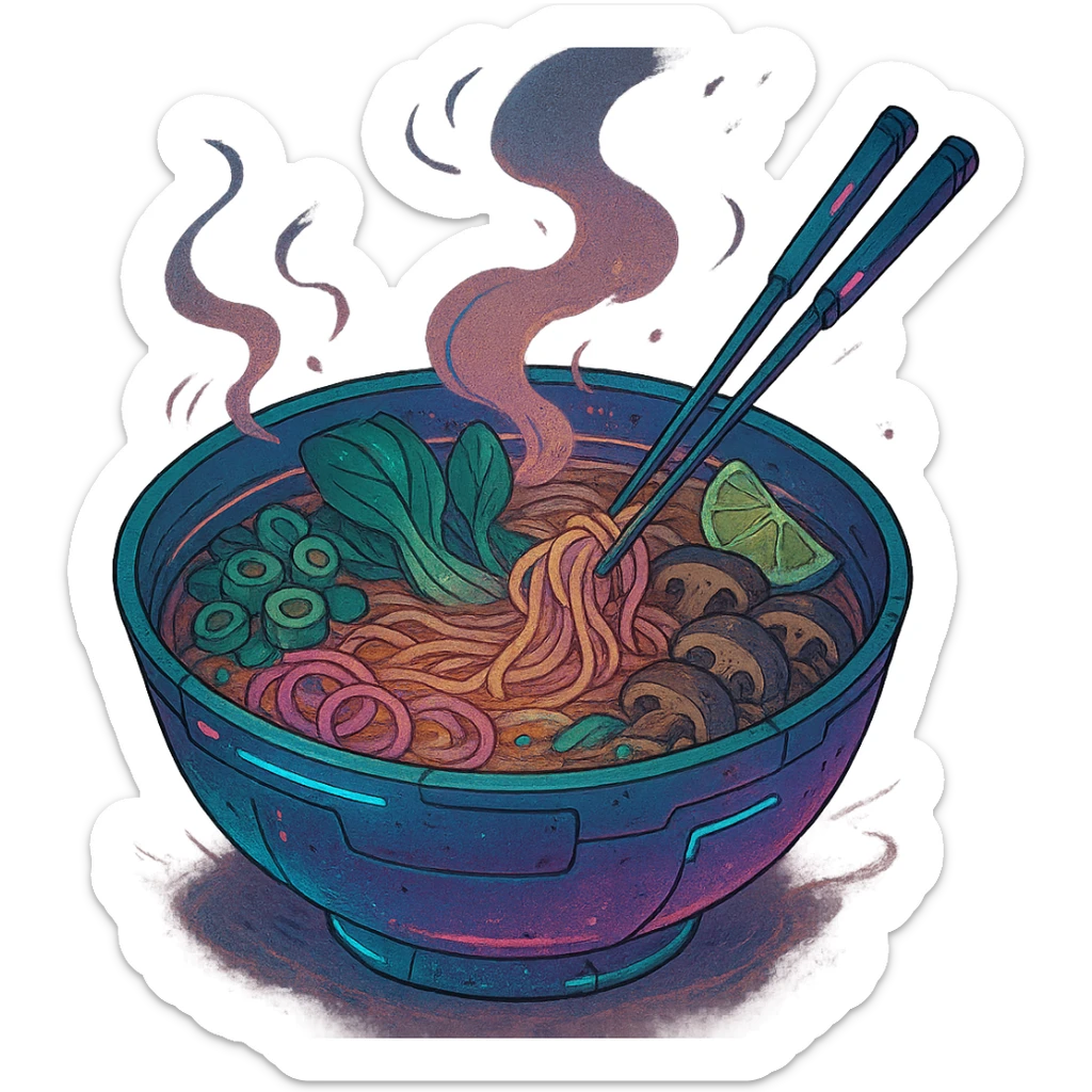 cyberpunk futuristic, scifi, a bowl of delicious VEGAN pho, ramen, piping hot sticker