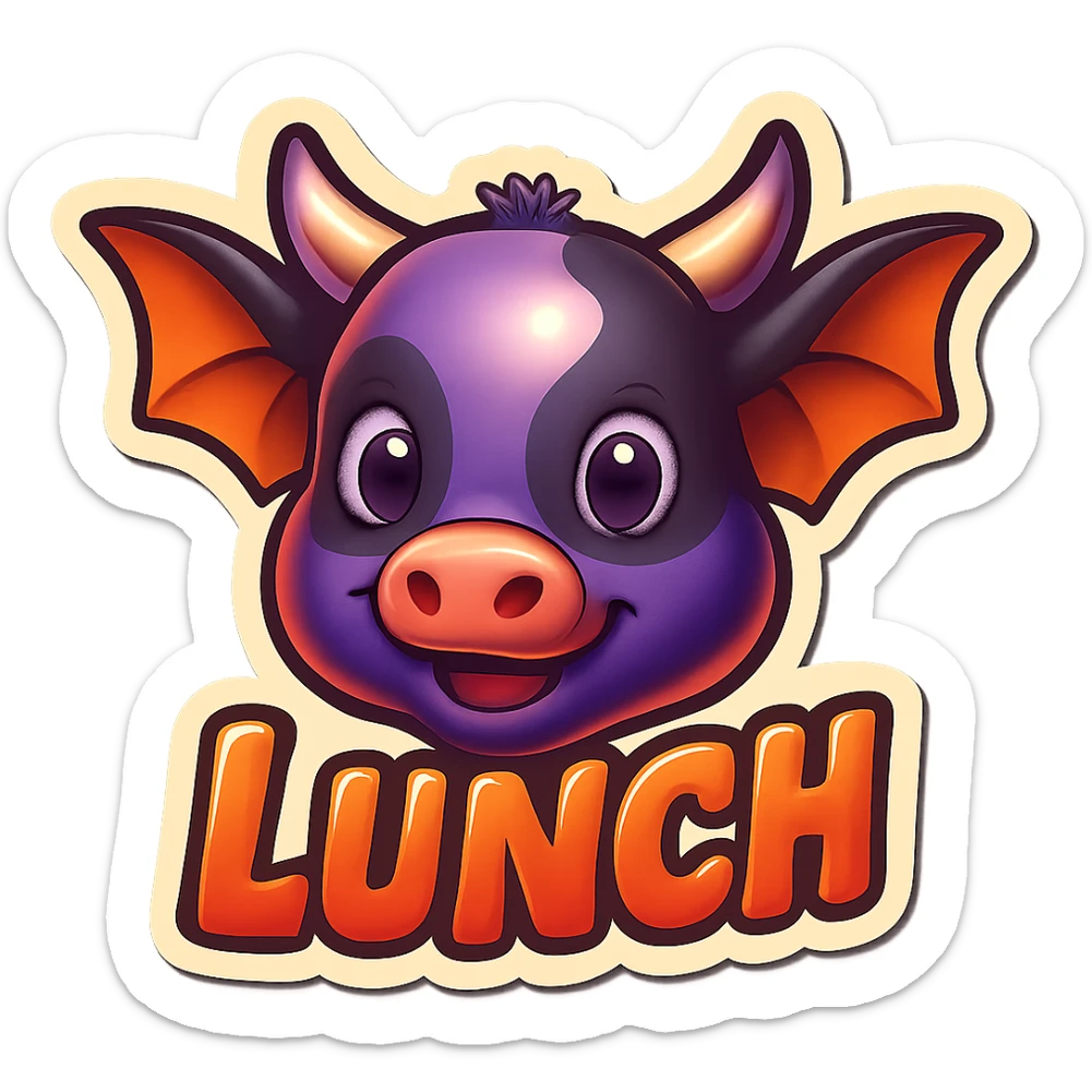 Add the word 'lunch' in bold, playful text near the cow-bat hybrid emoji. Keep the same style and colors as the reference image. Ensure high visibility suitable for Discord and Slack. No background (transparent). sticker